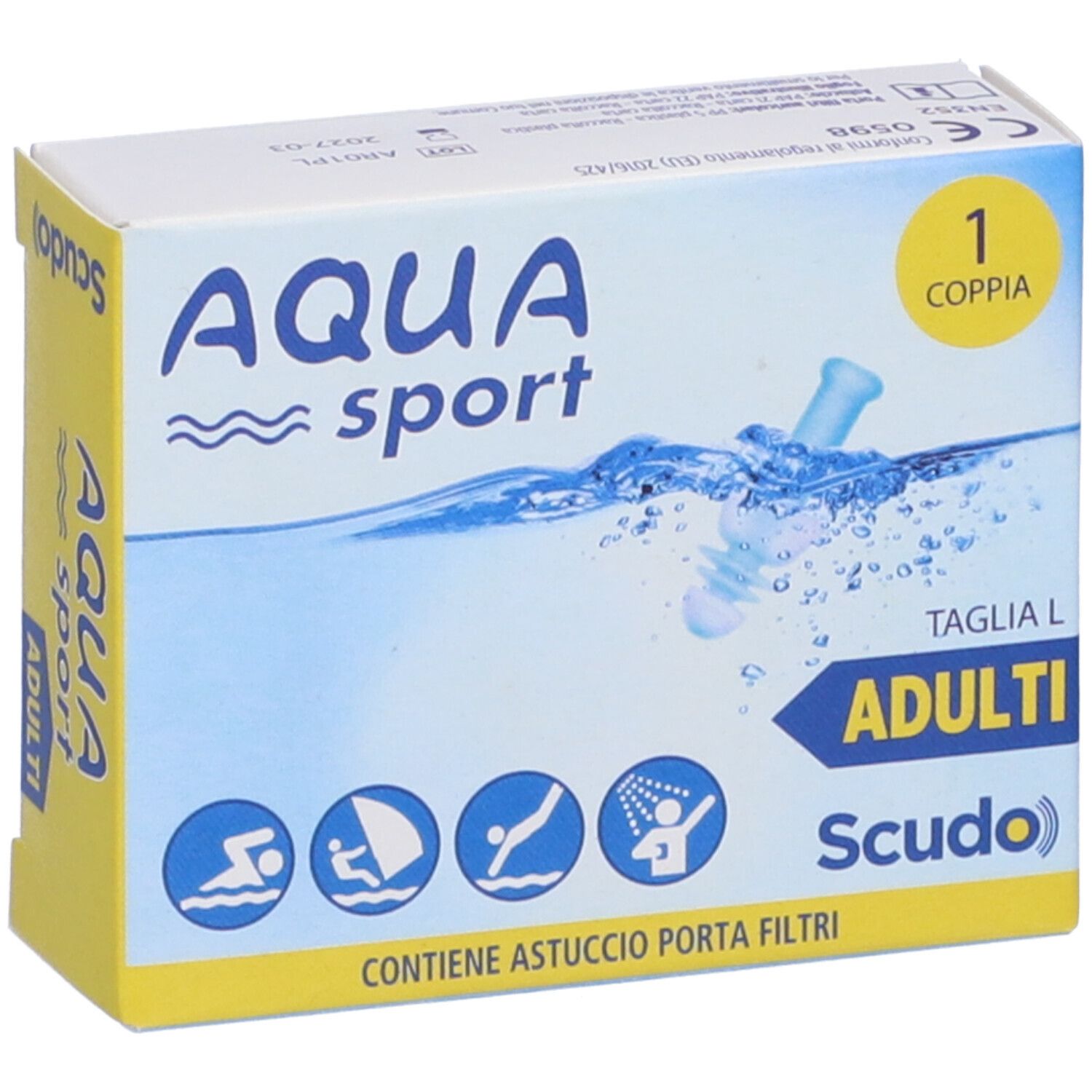 Vorderansicht der Verpackung von AQUA sport Adult Filtro Auricolare. Logo, Produktname, 'ADULTI' und Piktogramme auf blauem Hintergrund.