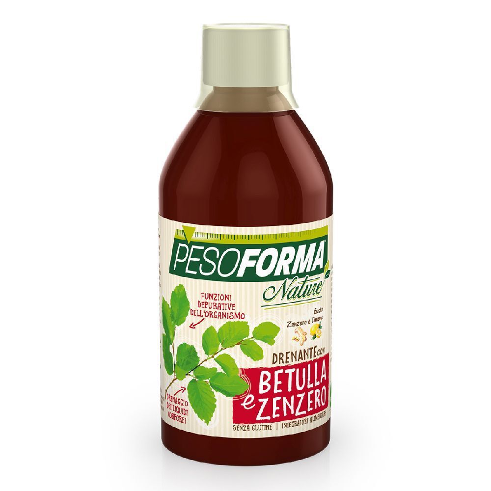 Integratore alimentare liquido in bottiglia. Etichetta con nome e ingredienti del prodotto. Etichetta verde e bianca con foglie.