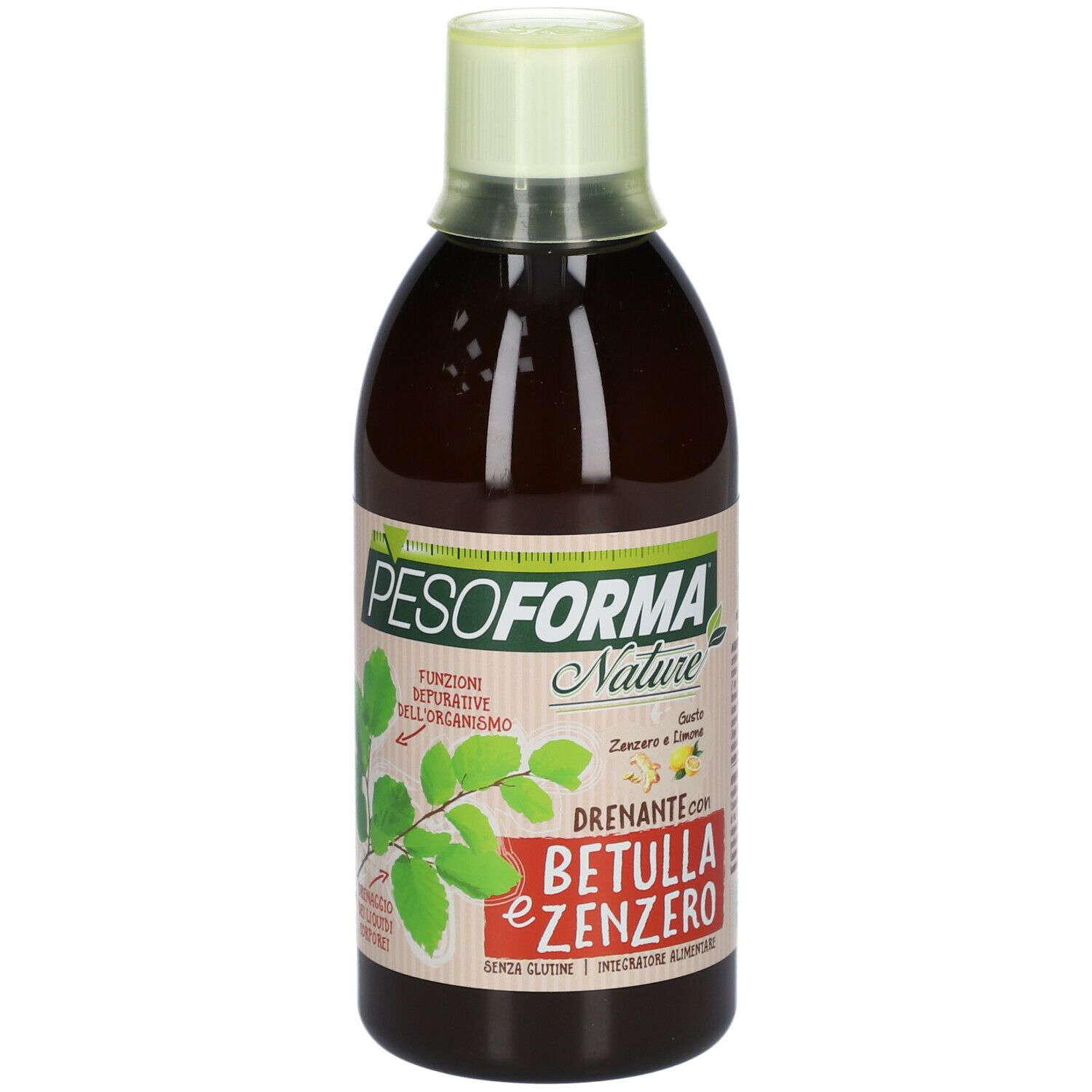 Integratore alimentare liquido in bottiglia. Etichetta con nome e ingredienti del prodotto. Etichetta verde e bianca con foglie.