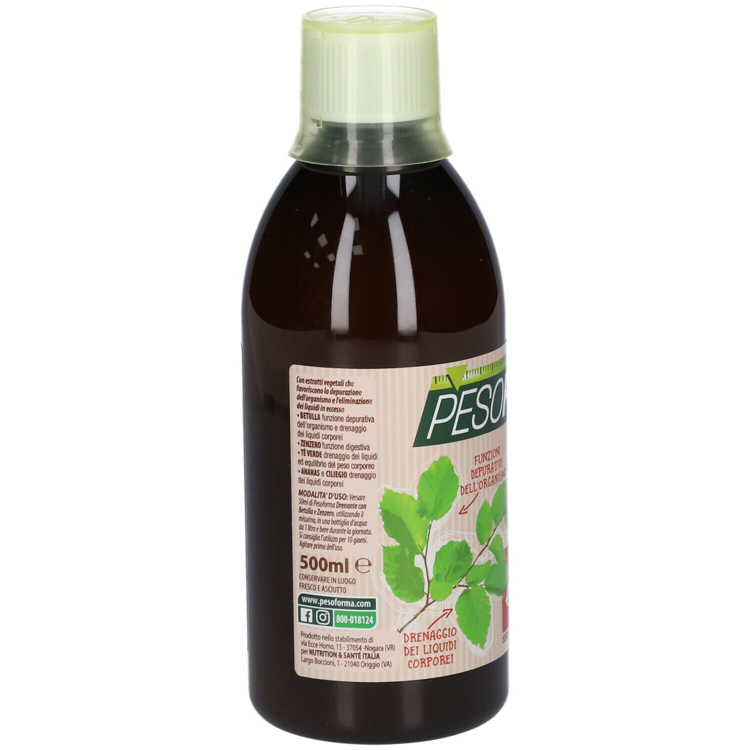 Integratore alimentare in bottiglia. Retro con testo e informazioni. Contiene 500 ml. Adesivo verde e bianco.