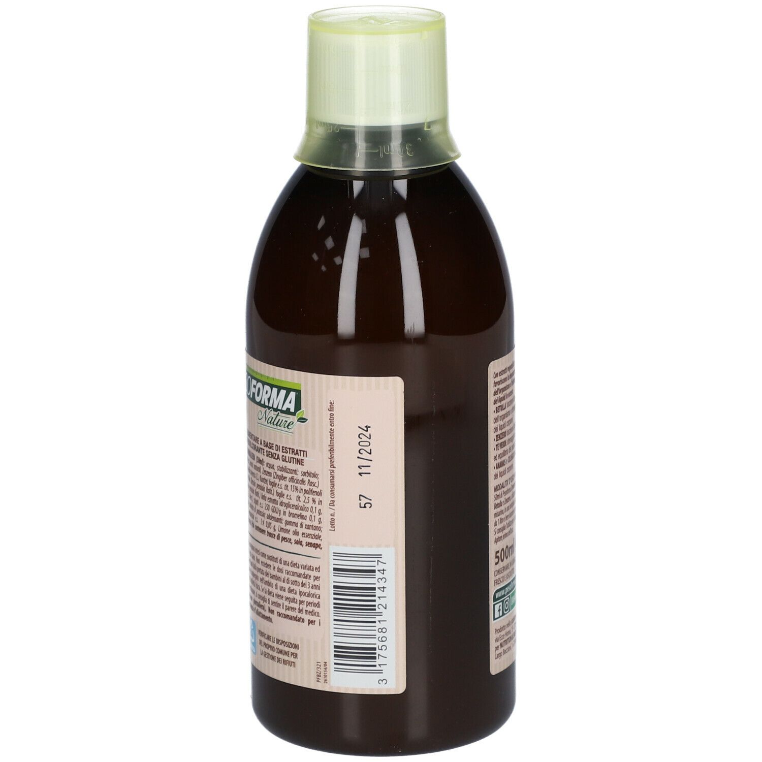 Integratore alimentare in bottiglia. Retro con testo e informazioni. Contiene 500 ml. Adesivo verde e bianco.