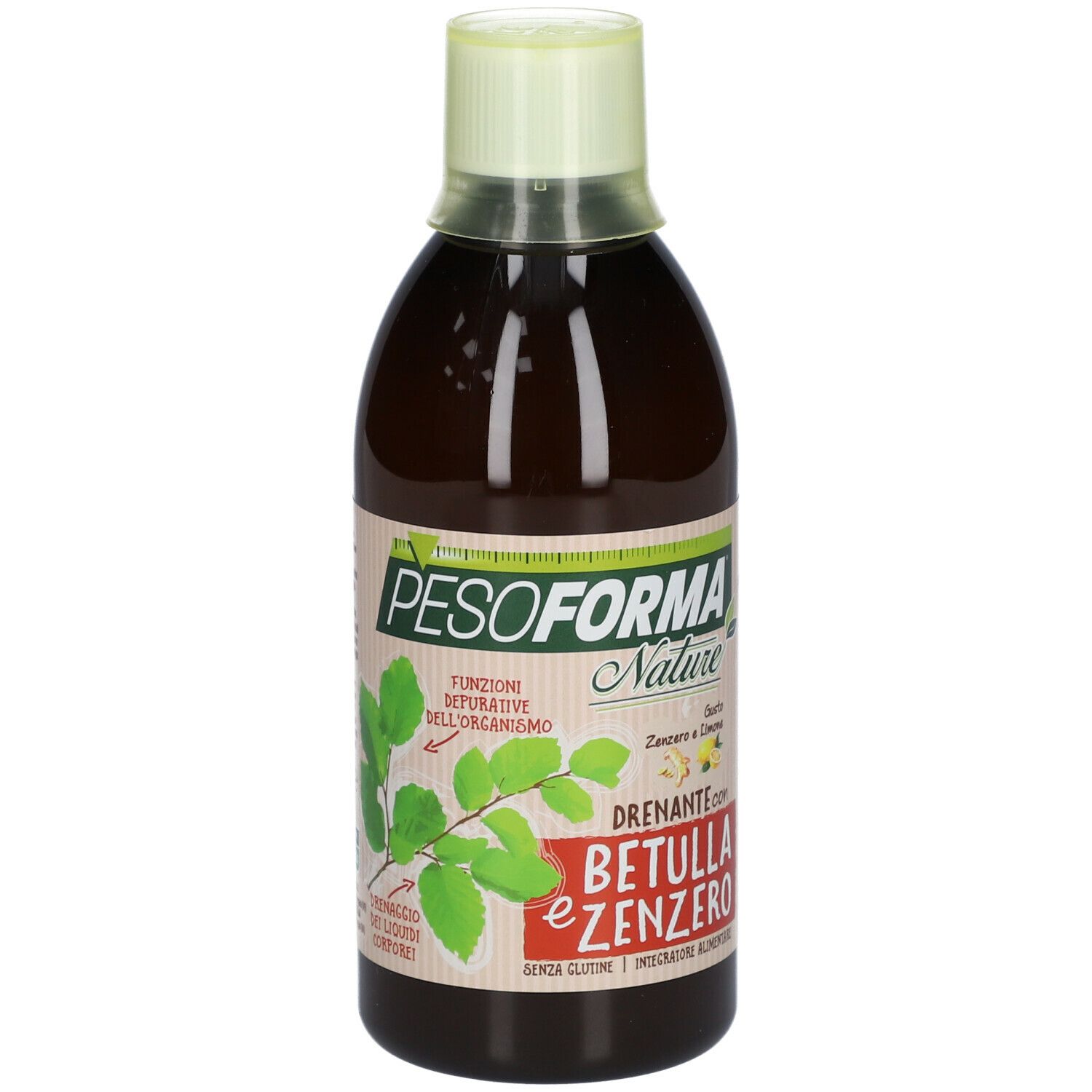 Integratore alimentare liquido in bottiglia. Etichetta con nome e ingredienti del prodotto. Etichetta verde e bianca con foglie.