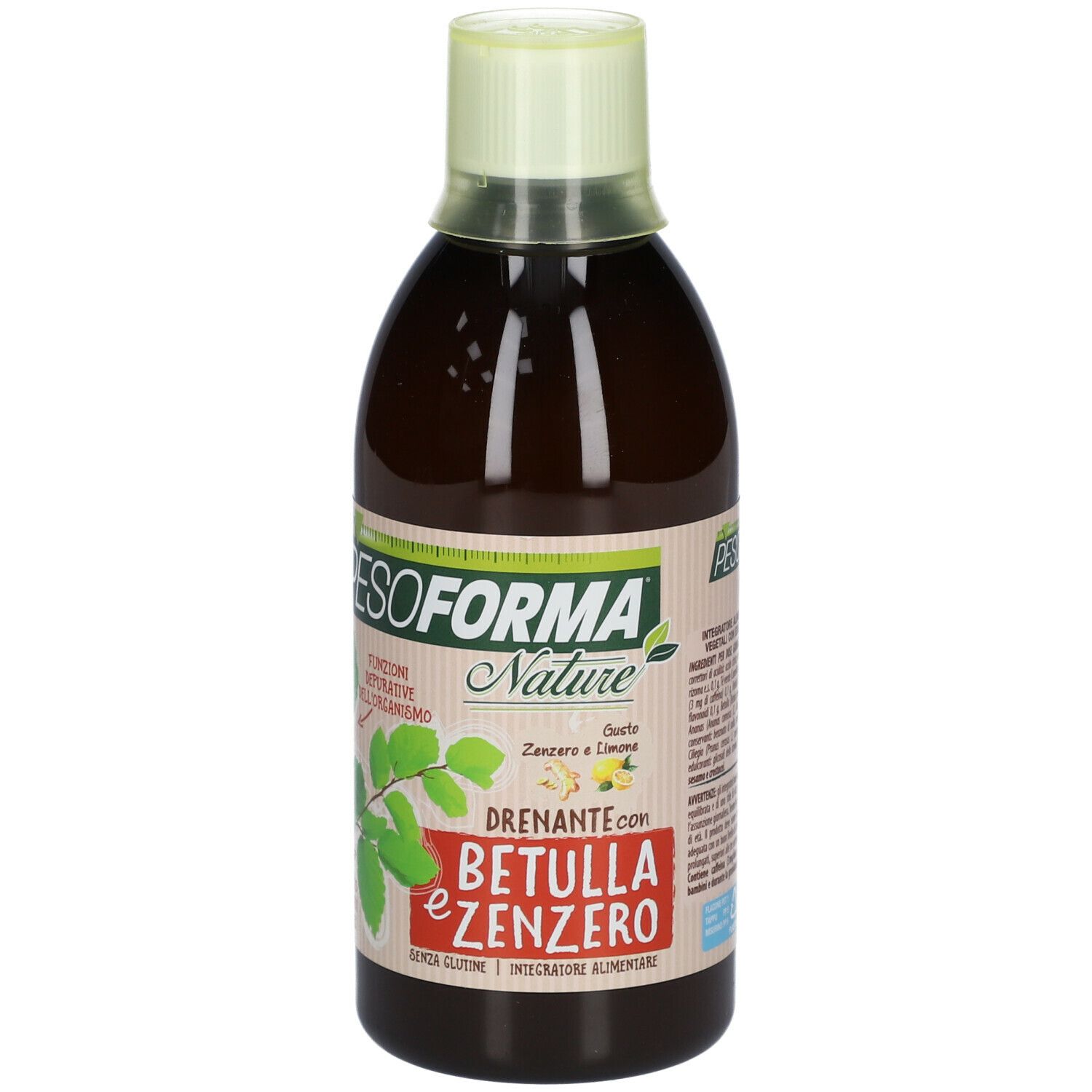 Integratore alimentare liquido in bottiglia. Etichetta con nome e ingredienti del prodotto. Etichetta verde e bianca con foglie.