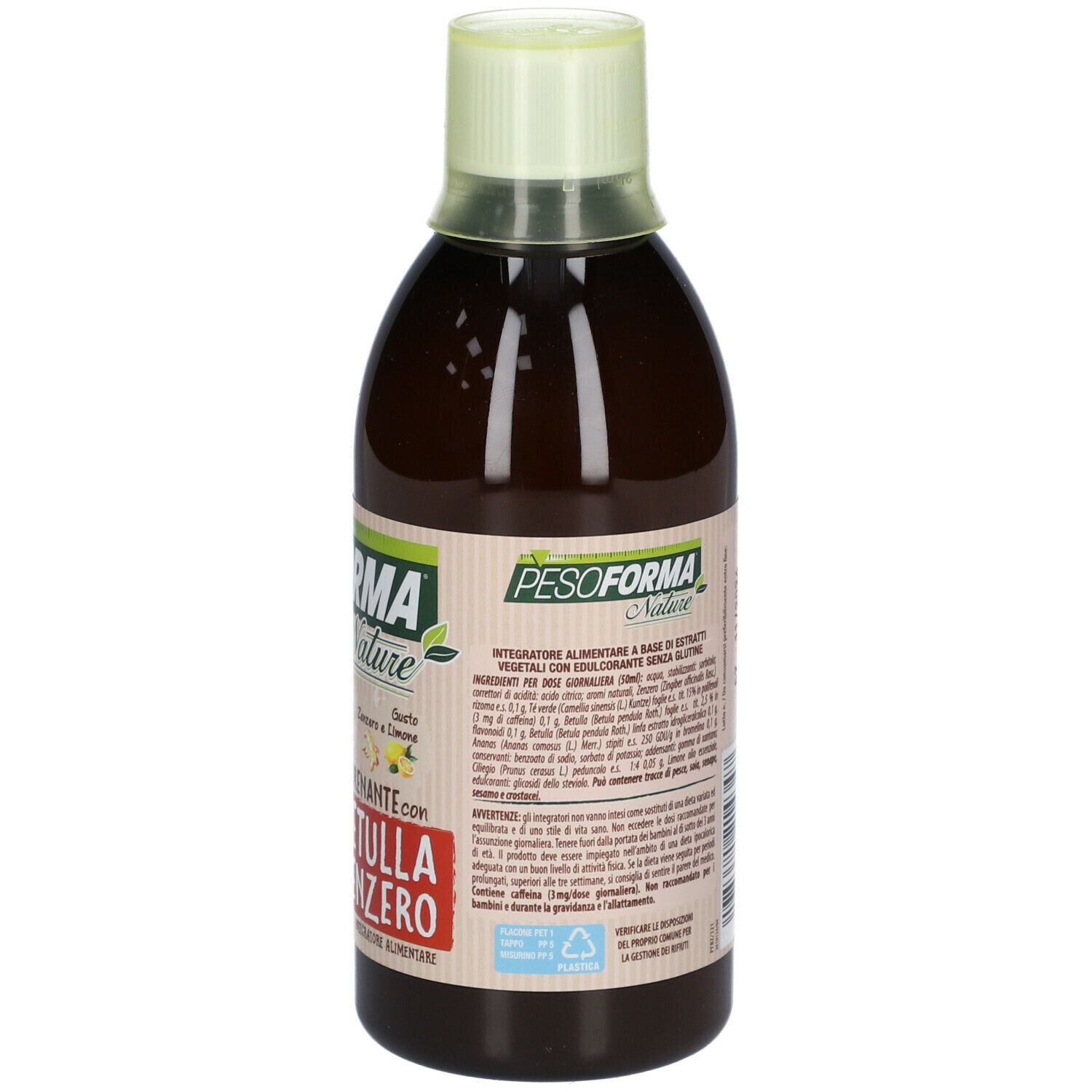 Integratore alimentare in bottiglia. Retro con testo e informazioni. Adesivo verde e bianco.