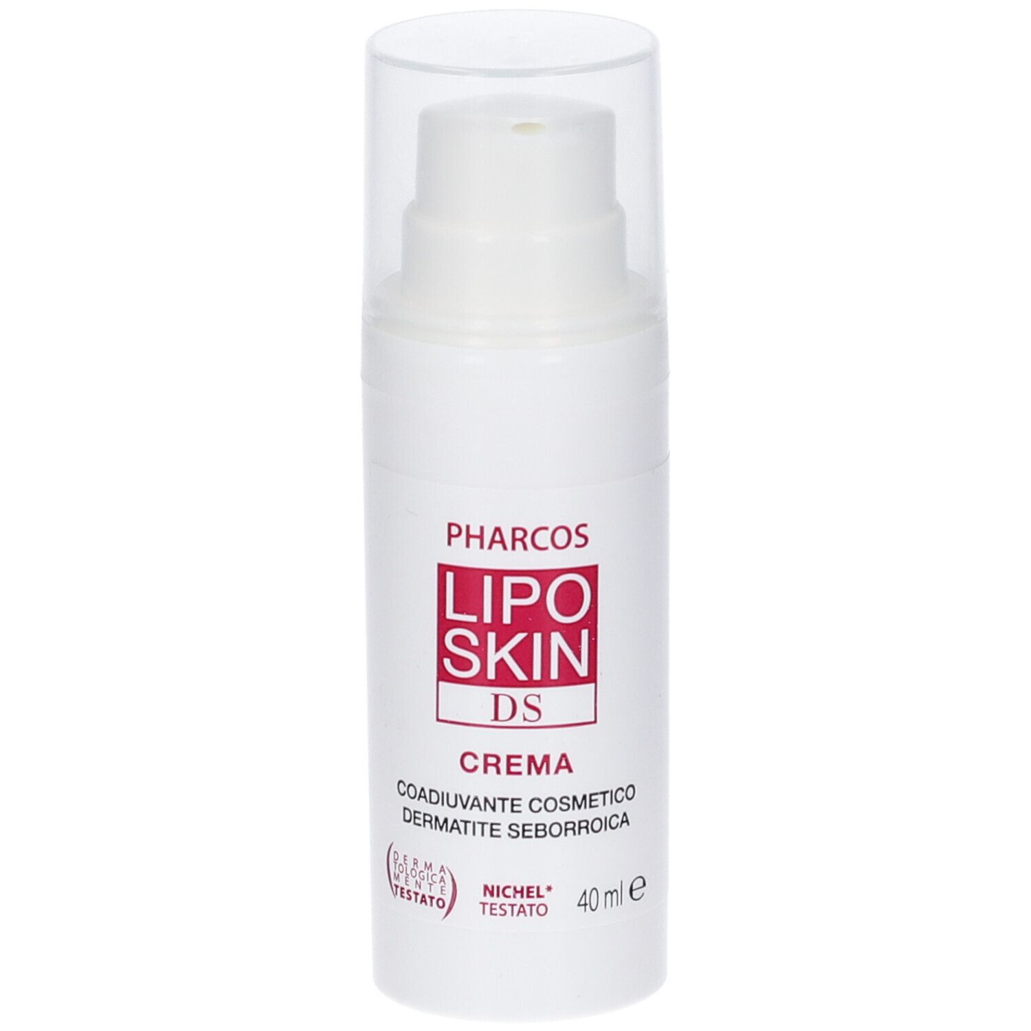 Weiße Pumpflasche mit transparenter Kappe. Pharcos Lipo Skin DS Creme, 40 ml. Für seborrhoische Dermatitis.