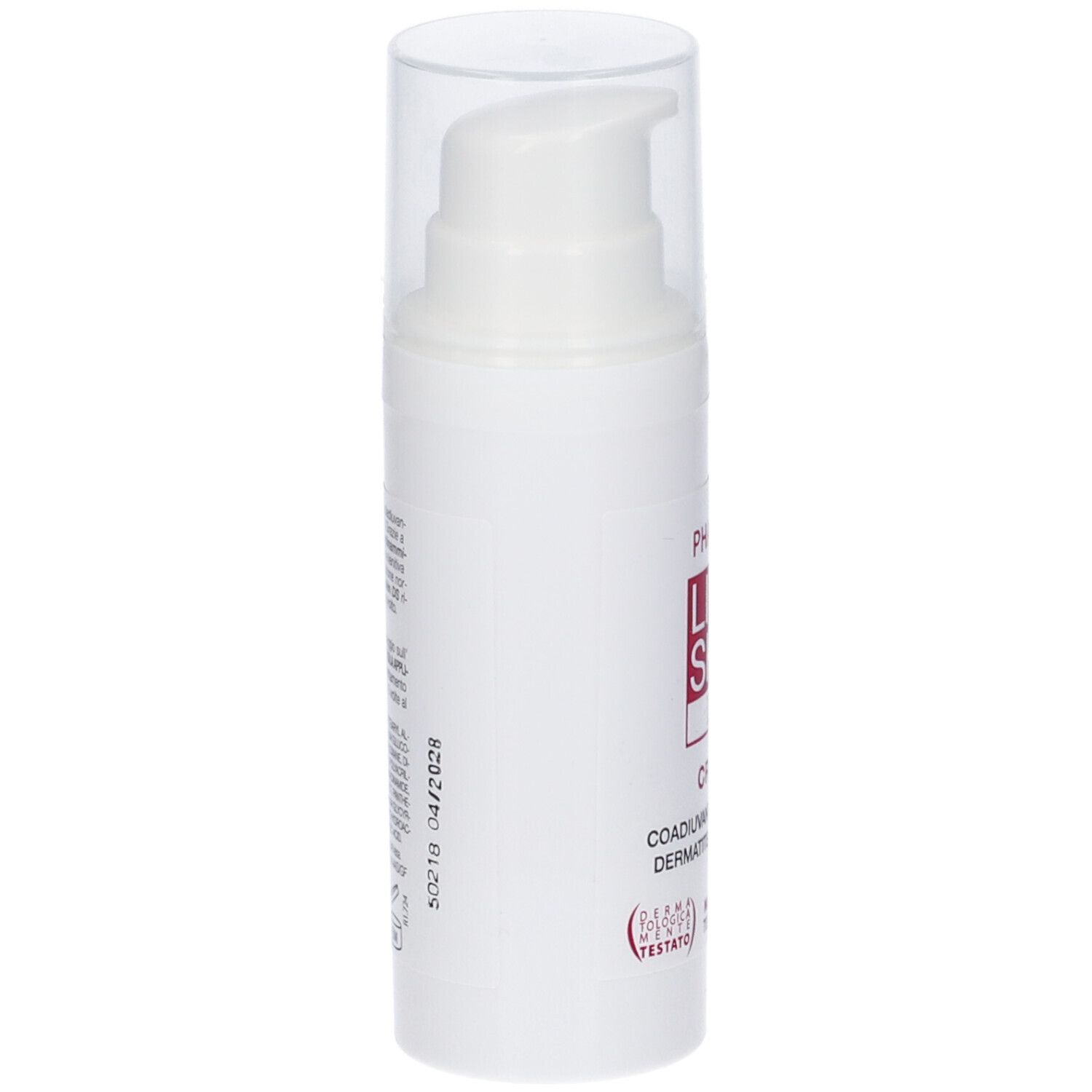 Weiße Pumpspendertube mit rotem Etikett, Lipo Skin DS Crema, 40 ml.
