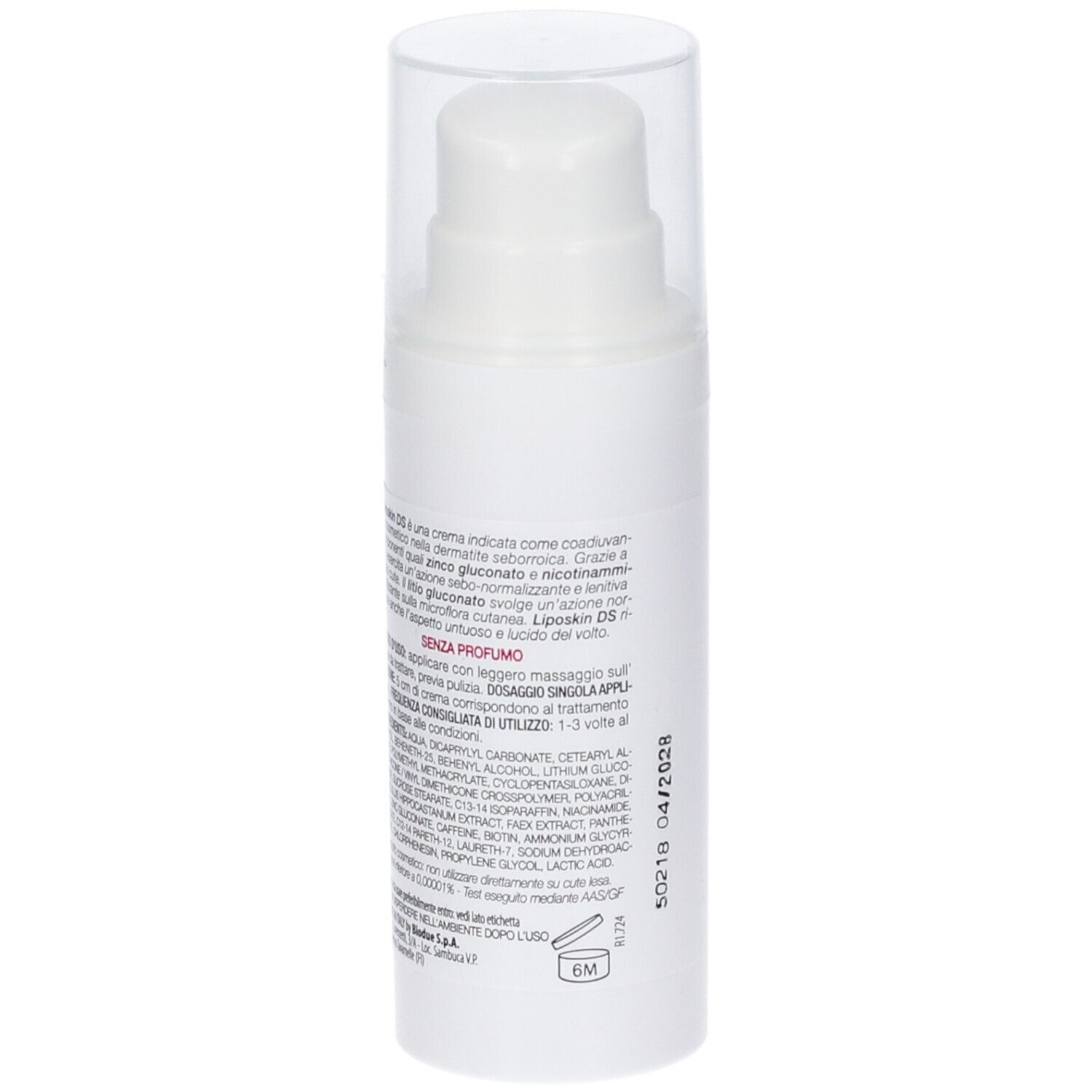 Weiße Pumpflasche mit transparenter Kappe. Enthält eine Creme zur Behandlung von seborrhoischer Dermatitis.