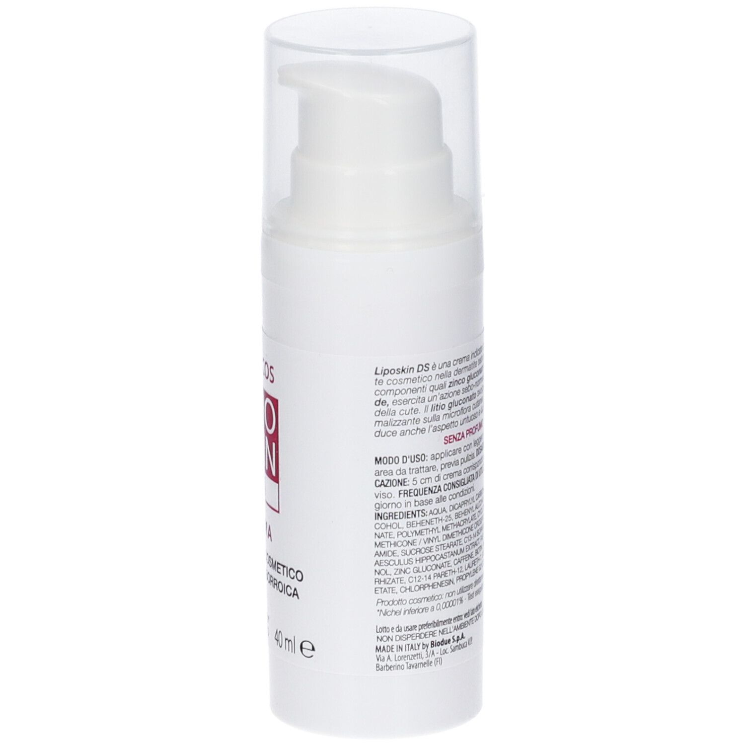 Pharcos Lipo Skin DS Creme in weißer Flasche mit Pumpspender und Kartonverpackung, 40 ml.
