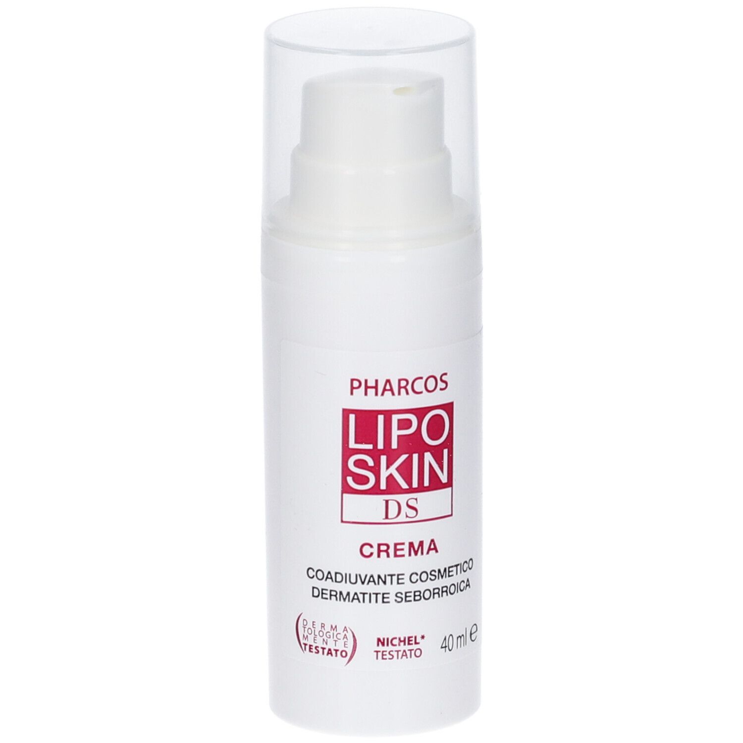 Weiße Pumpspendertube mit rotem Etikett, Lipo Skin DS Crema, 40 ml.