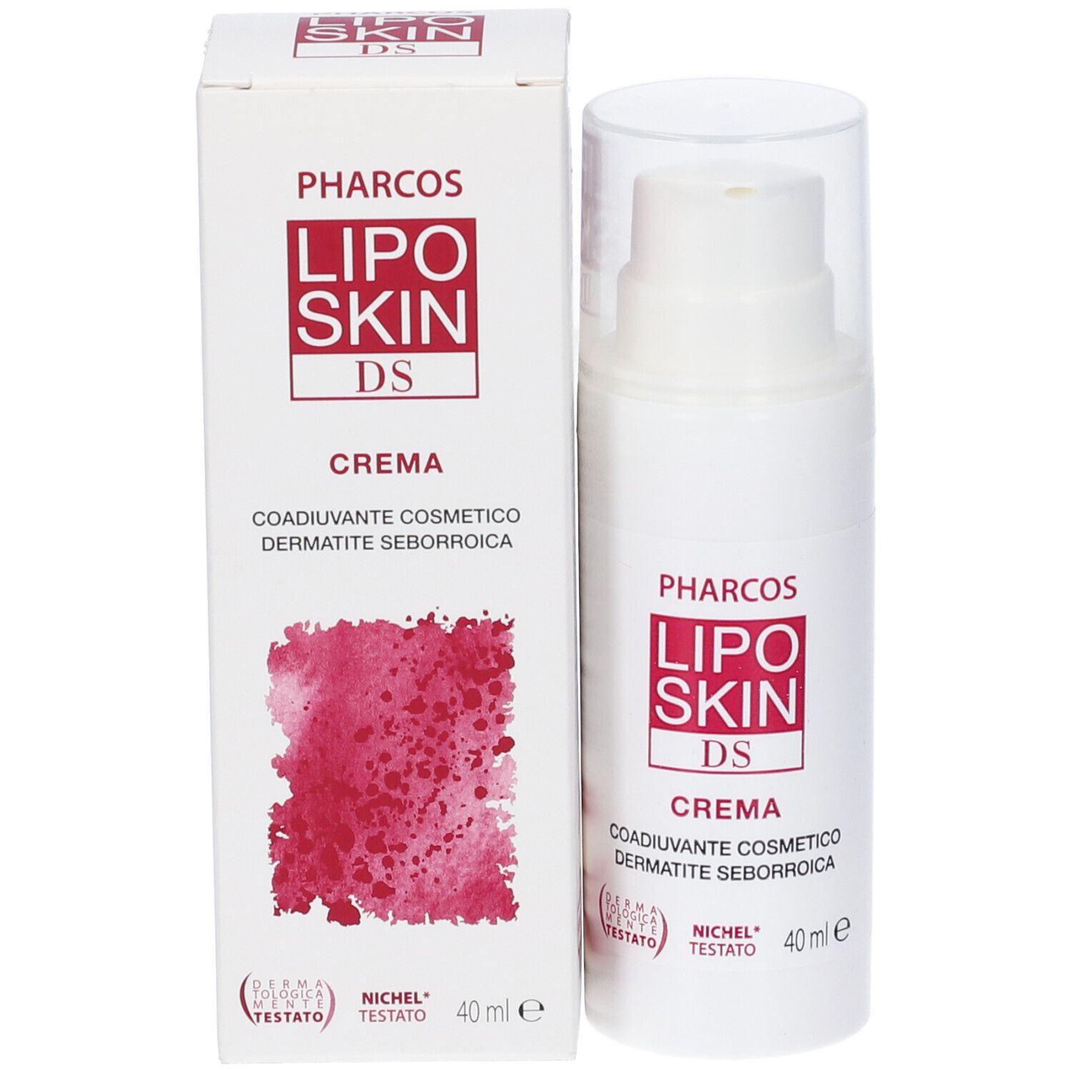 Pharcos Lipo Skin DS Creme in weißer Flasche mit Pumpspender und Kartonverpackung, 40 ml.