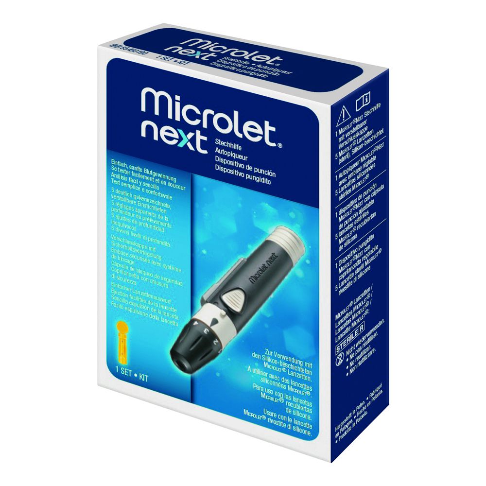 Dispositivo Pungidito Microlet Next con 5 lancette colorate. Confezione in cartone con immagine del prodotto.