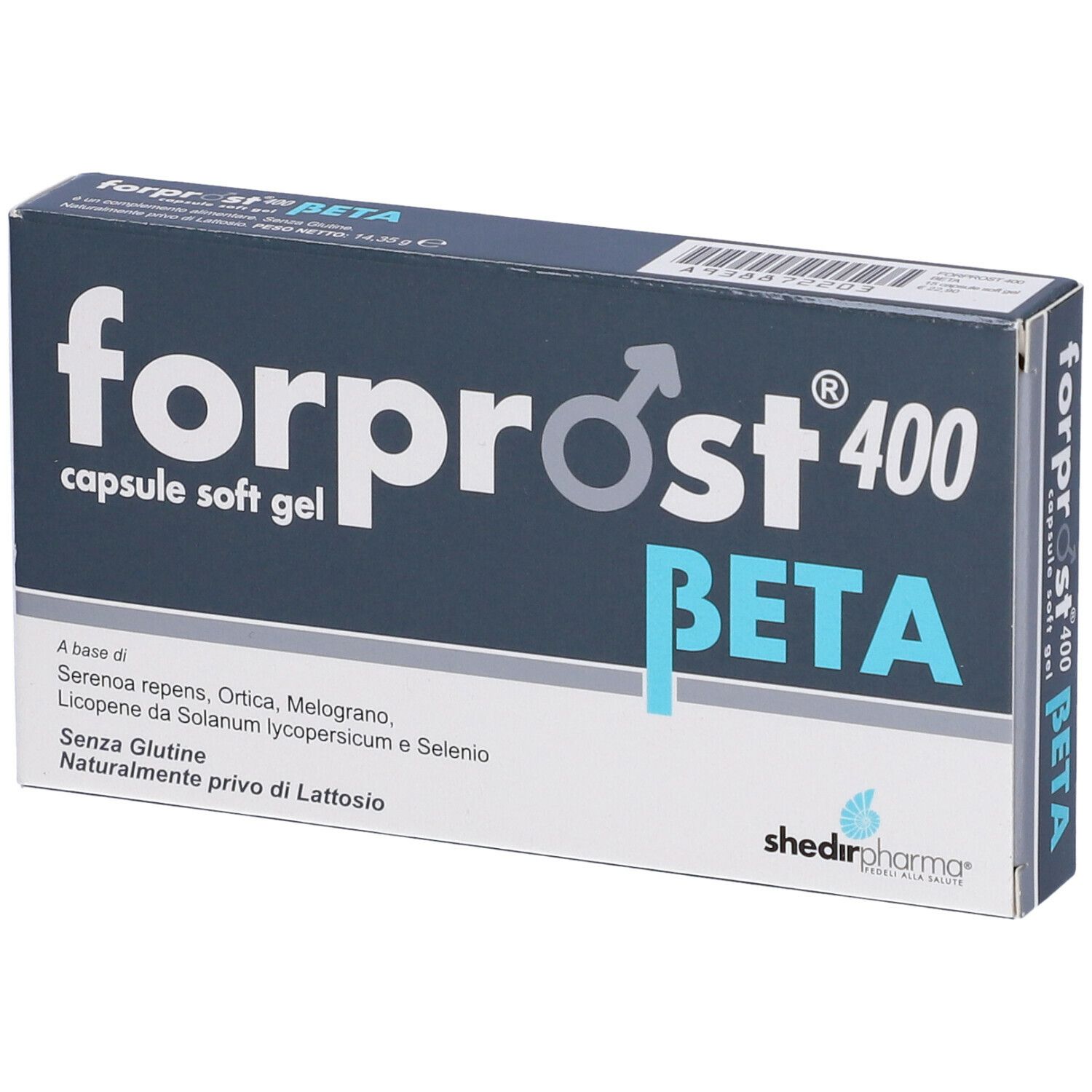 Scatola blu scuro con scritta bianca: forprost 400 BETA. Contiene capsule. Logo Shedir Pharma.