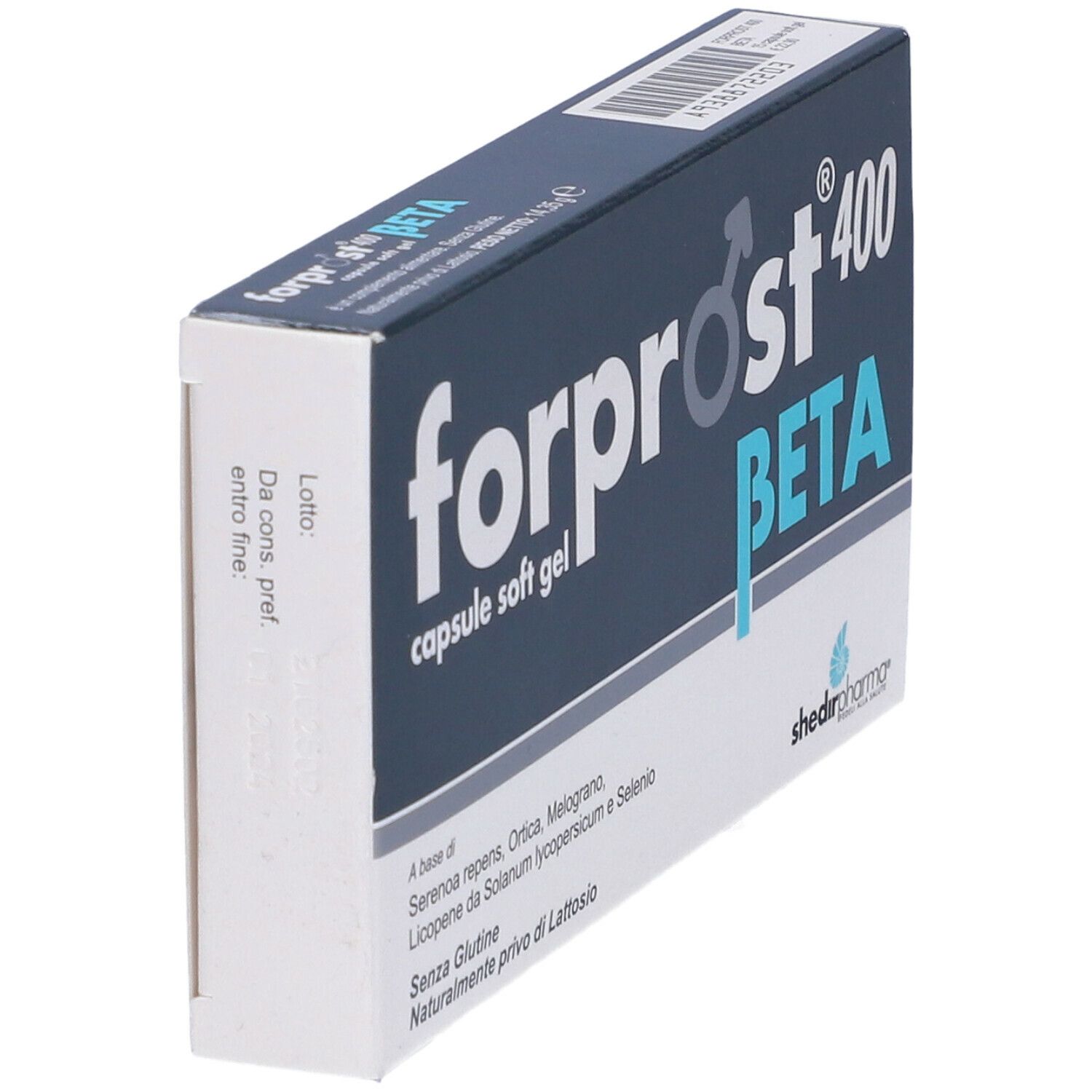 Scatola forprost 400 BETA, blu scuro con scritta bianca. Logo Shedir Pharma. Vista laterale.