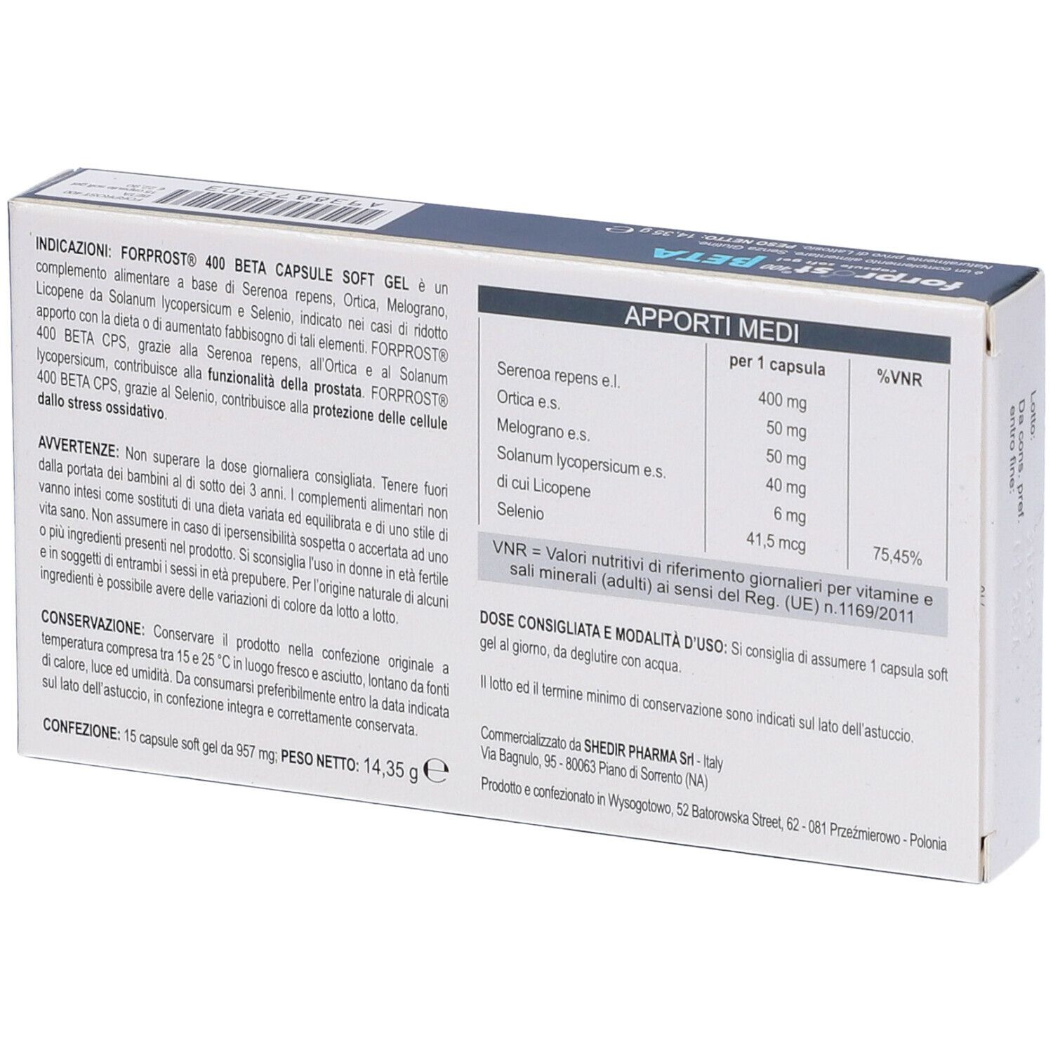 Retro della scatola forprost 400 BETA. Testo in italiano. Informazioni nutrizionali e dosaggio.