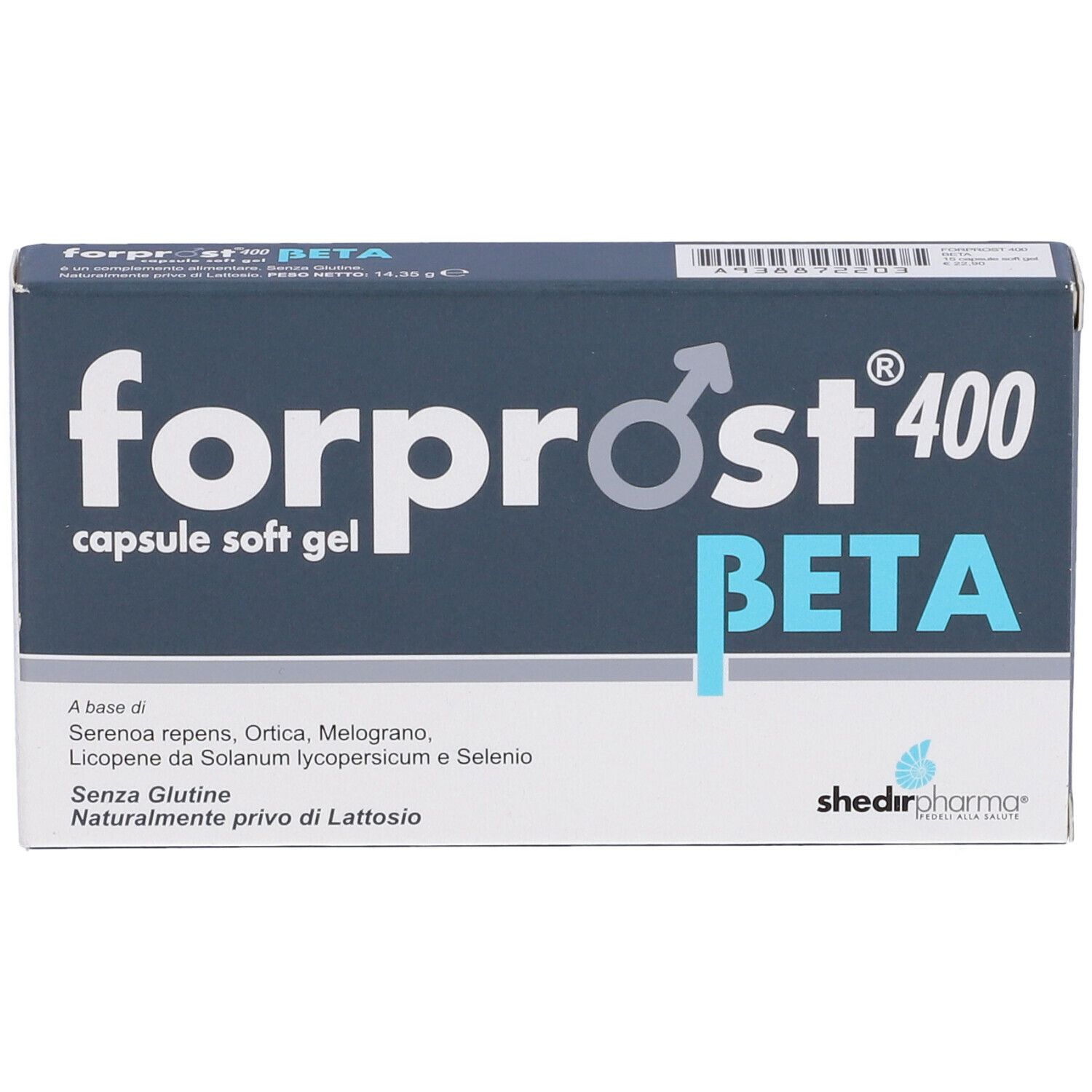 Scatola blu scuro con scritta bianca: forprost 400 BETA. Contiene capsule. Logo Shedir Pharma.