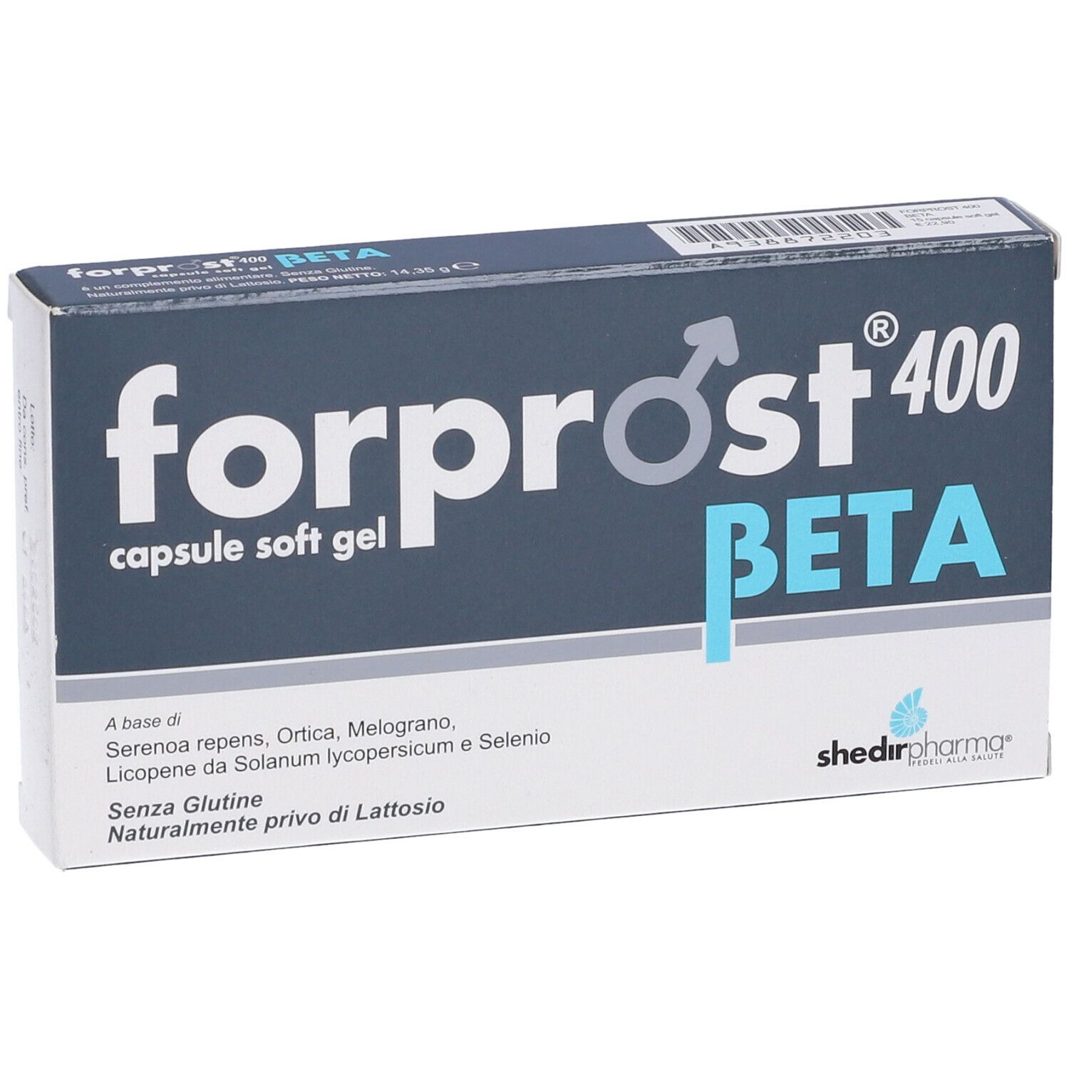 Scatola blu scuro con scritta bianca: forprost 400 BETA. Contiene capsule. Logo Shedir Pharma.