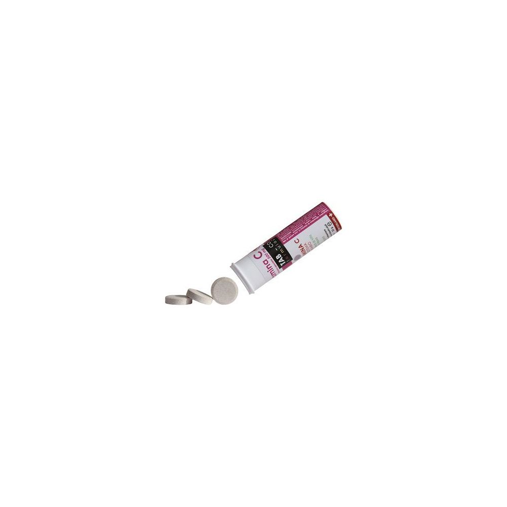 Compresse e confezione. Scritta: Tab C Vitamina C 10 Compresse 500 Mg. Compresse bianche accanto alla confezione.