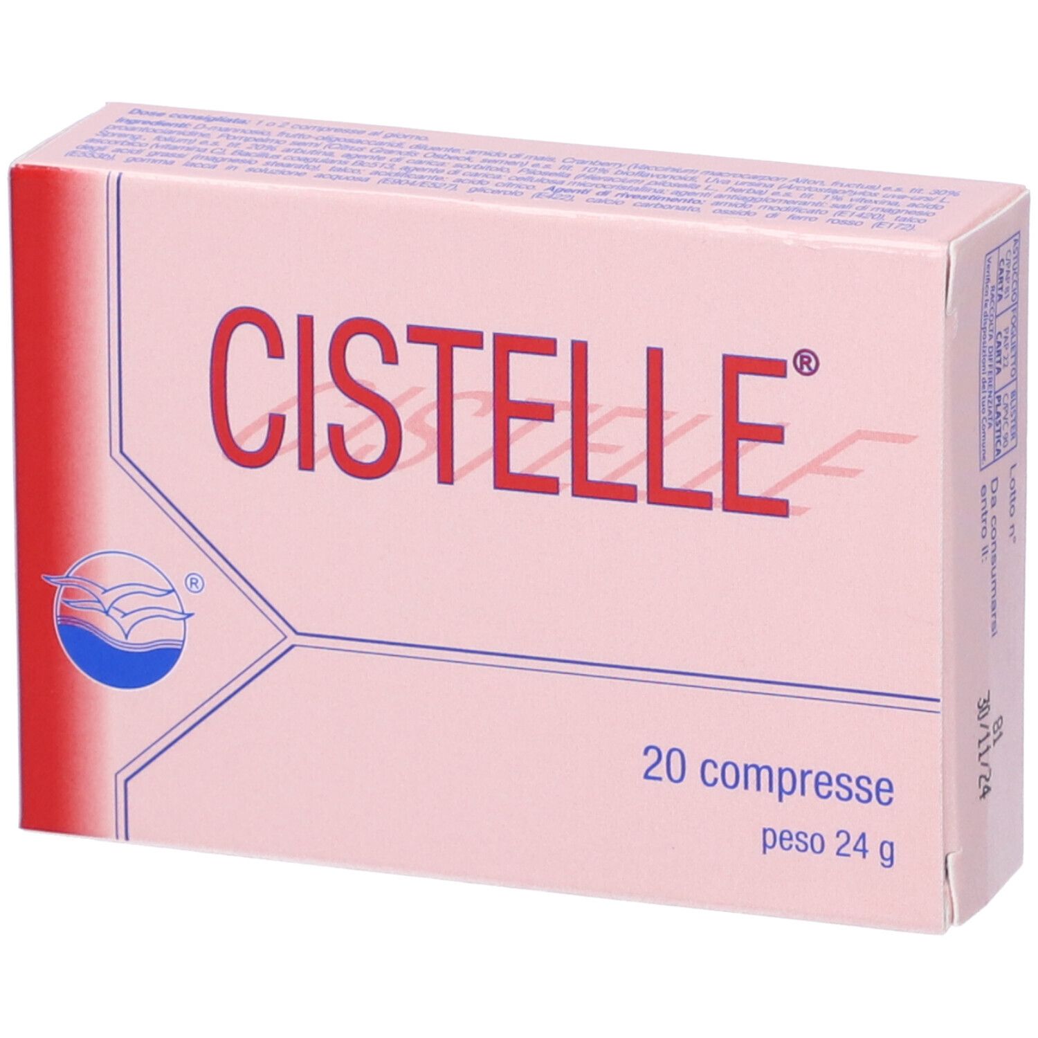 Scatola Cistelle rosa. Nome e logo del prodotto visibili. Contiene 20 compresse.
