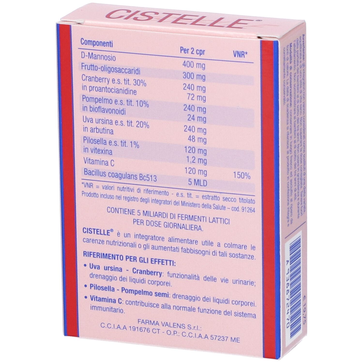 Retro scatola Cistelle. Ingredienti e informazioni nutrizionali. Rosa e bianco.