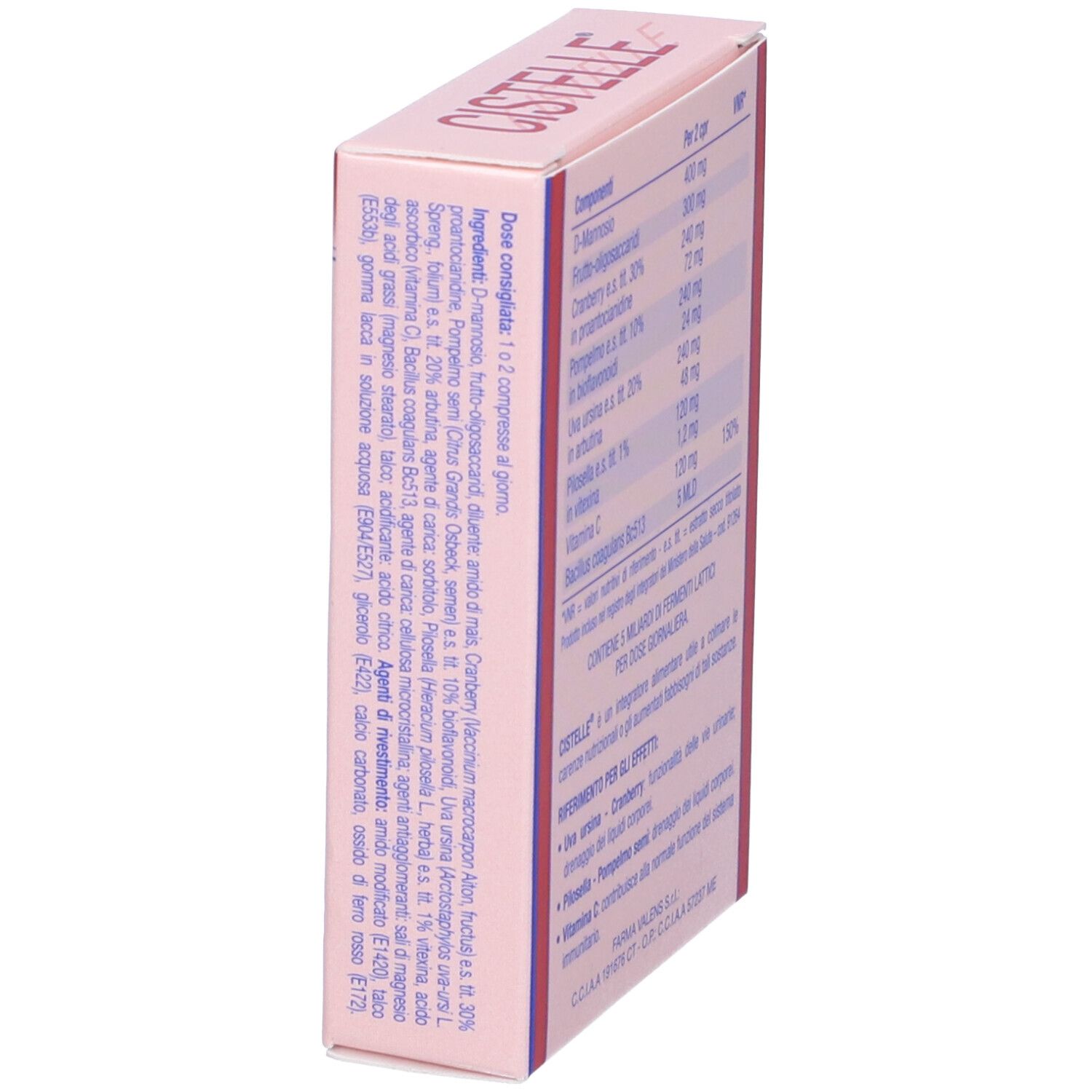 Lato scatola Cistelle. Ingredienti e dosaggio. Rosa e bianco.