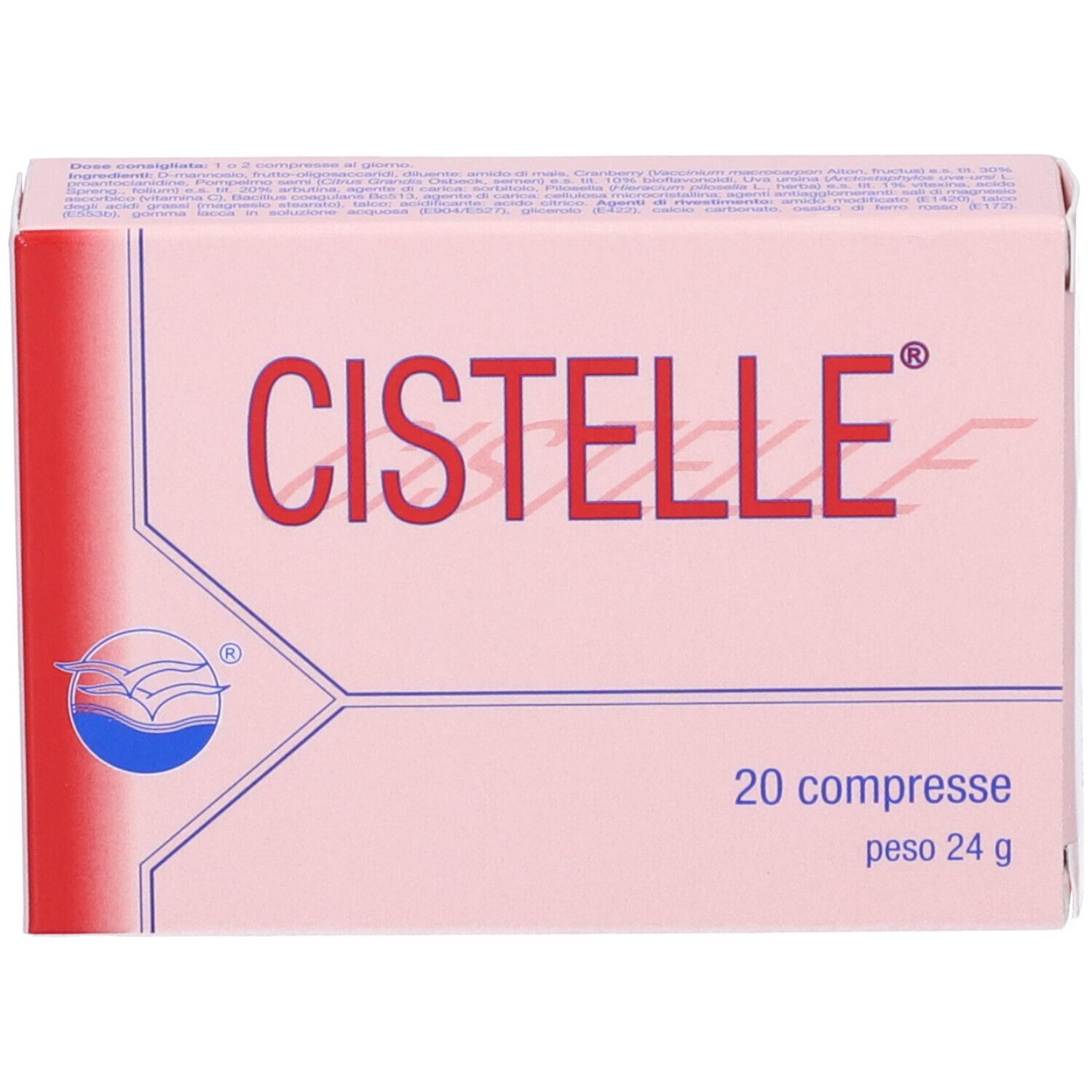 Scatola Cistelle rosa. Nome e logo del prodotto visibili. Contiene 20 compresse.