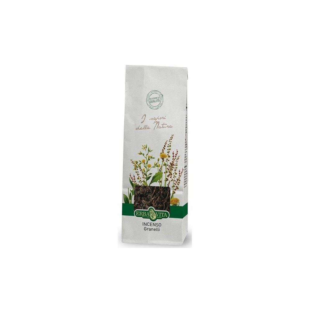 Sacchetto di Incenso Granelli. Sacchetto bianco con illustrazioni floreali verdi. Testo: Erba Vita, Incenso Granelli.