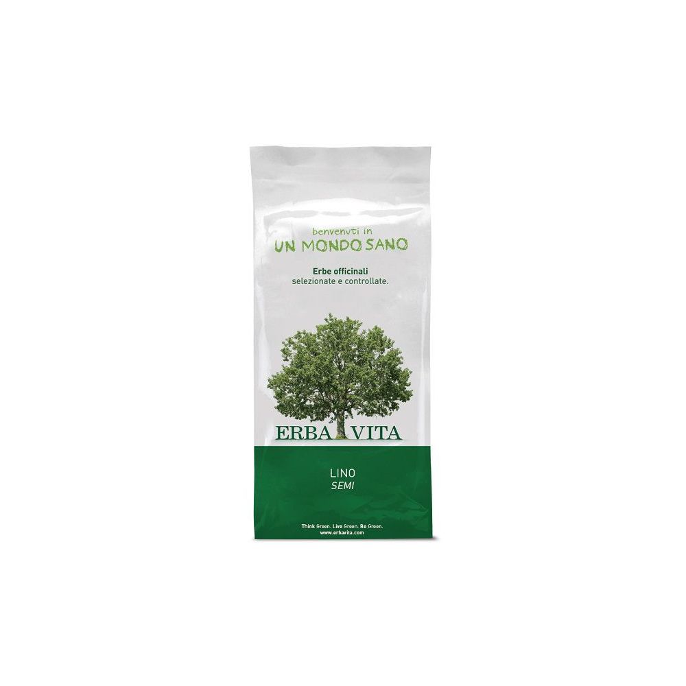 Confezione con fascia verde. Testo: ERBA VITA, LINO SEMI. Illustrazione di un albero.