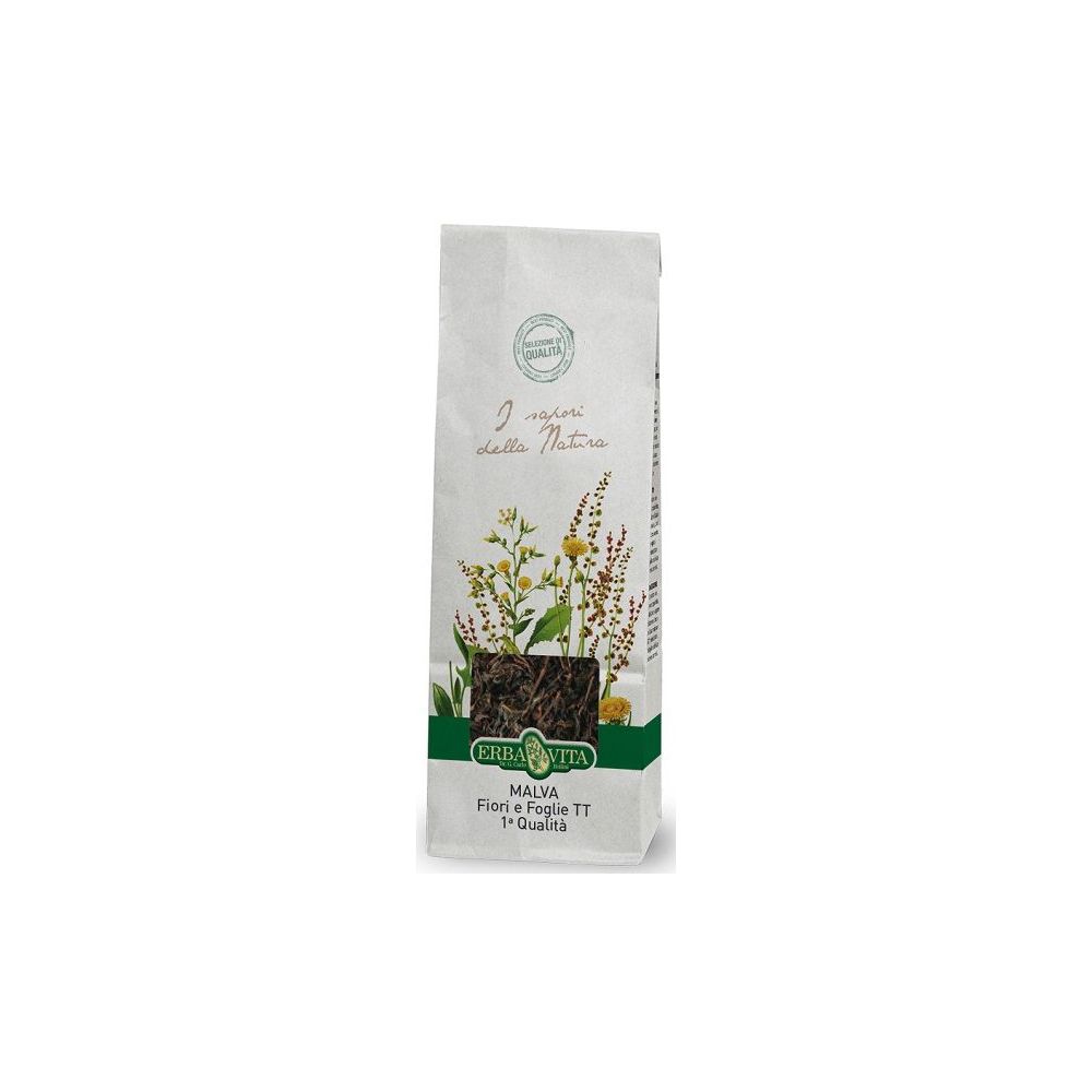 Busta di Malva Tt 1 Qualita' Fiori/Fgl. Busta bianca con logo verde e nome del prodotto. Erbe e fiori illustrati.