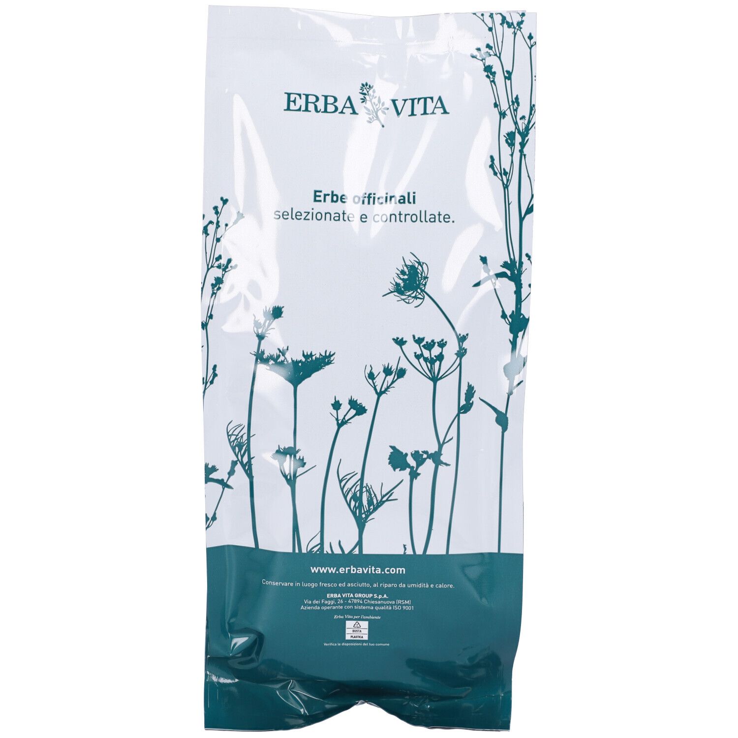 Busta trasparente con Malva fiori e foglie TT. Sfondo verde, testo bianco. Marchio Erba Vita.