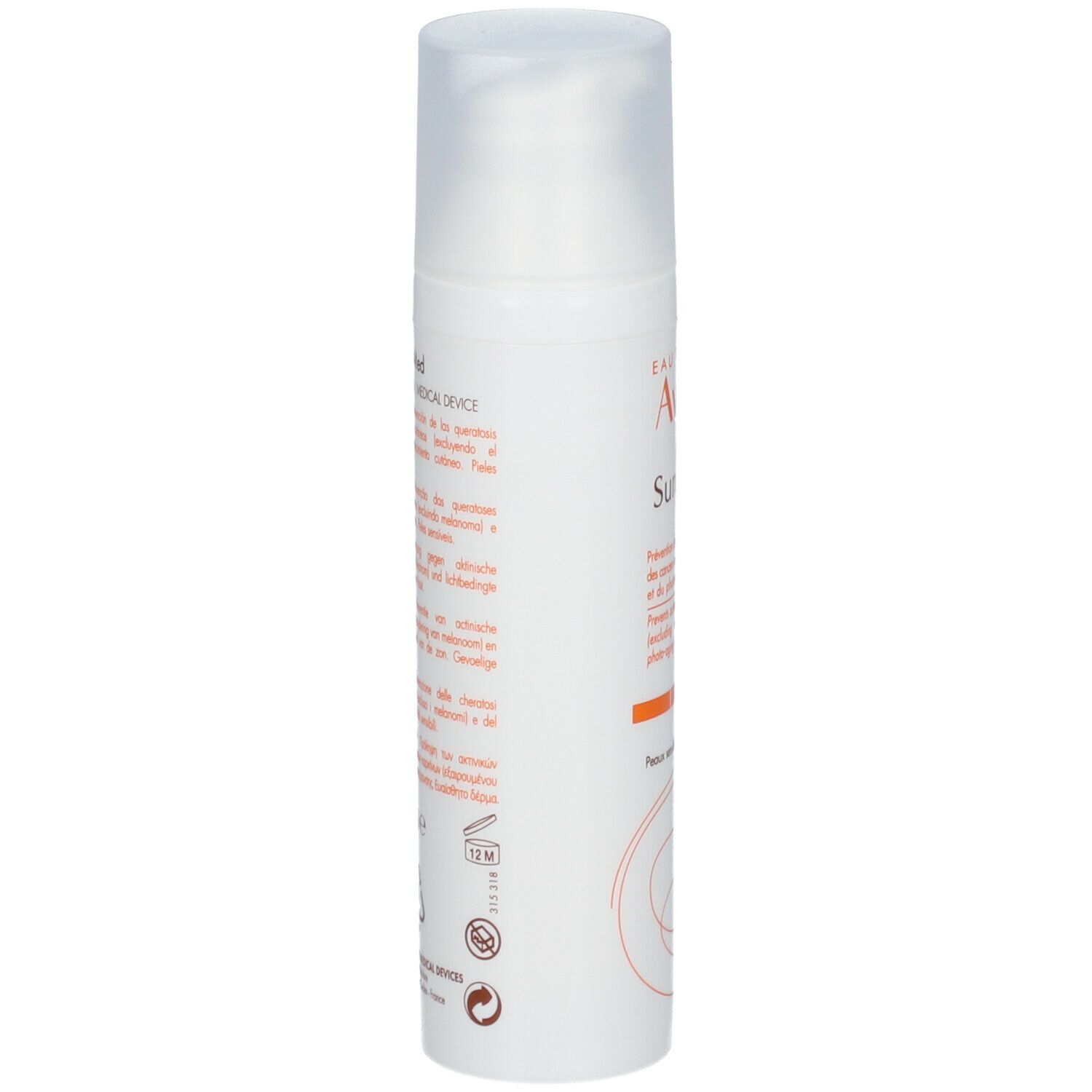 Flacone bianco con dosatore a pompa. Scritta: Eau Thermale Avène SunsiMed. Protezione UVB-UVA. 80 ml. Marchio CE.