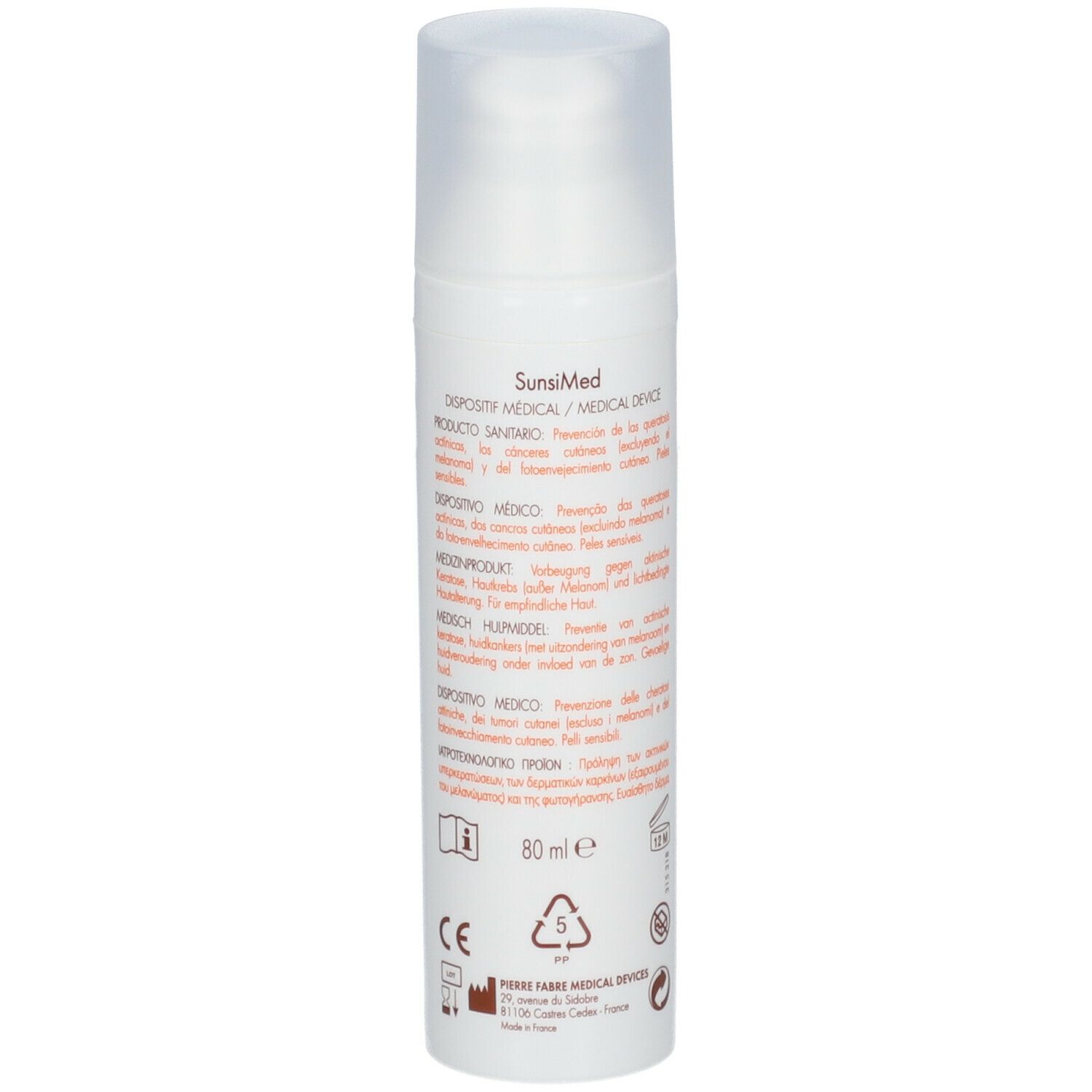 Retro del flacone bianco. Testo multilingue. Dispositivo medico. 80 ml. Simbolo di riciclaggio. Marchio CE.