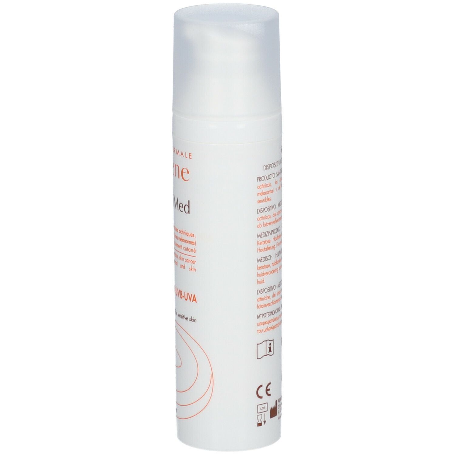 Flacone bianco con dosatore a pompa. Scritta: Eau Thermale Avène SunsiMed. Protezione UVB-UVA. 80 ml. Marchio CE.