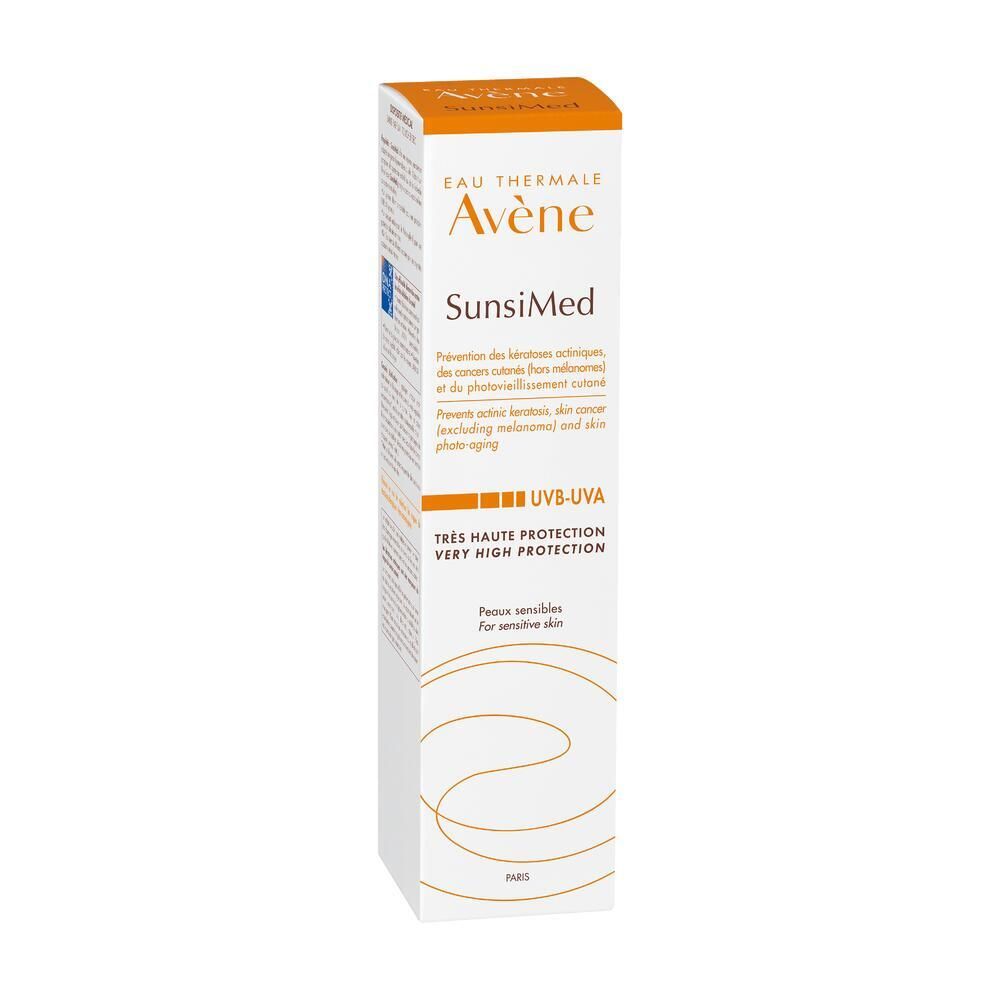 Scatola bianca con coperchio arancione. Scritta: Eau Thermale Avène SunsiMed. Protezione UVB-UVA. Molto alta protezione.