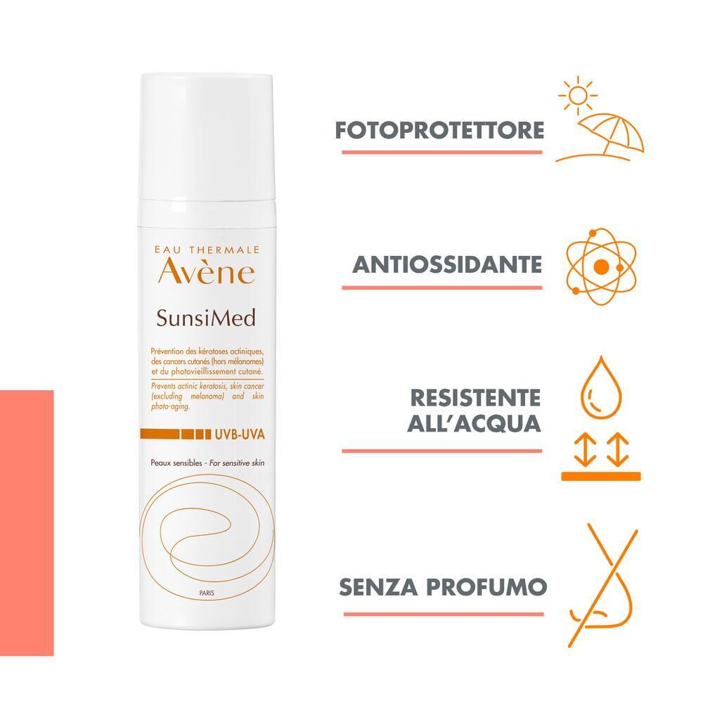 Flacone bianco con testo e icone. Eau Thermale Avène SunsiMed. Protezione UVB-UVA. Antiossidante. Resistente all'acqua. Senza profumo.