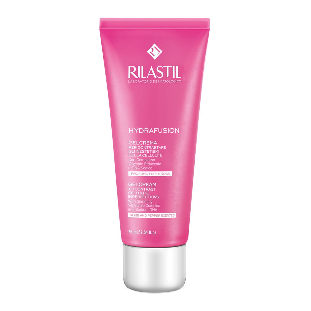 Tubo rosa con tappo bianco. Scritta Rilastil, HydraFusion e Gelcrema. 75 ml.
