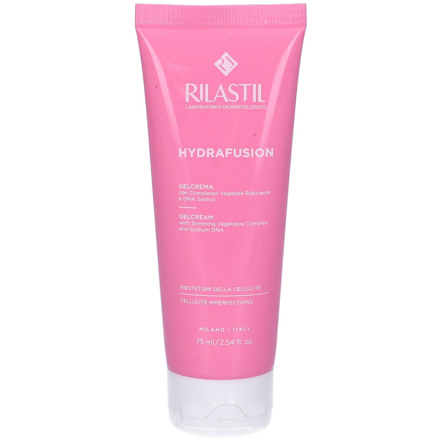 Tubo rosa con tappo bianco. Scritta Rilastil, HydraFusion e Gelcrema. 75 ml.