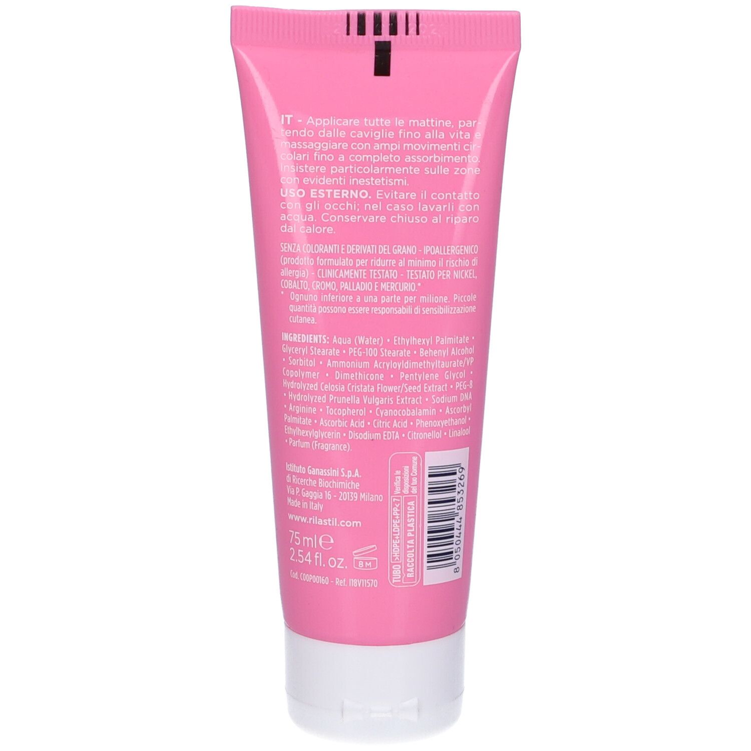 Retro di un tubo rosa con tappo bianco. Testo multilingue, ingredienti e informazioni produttore. 75 ml.