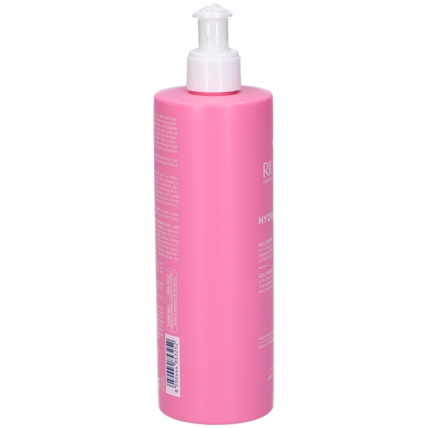Flacone rosa con dosatore bianco. Scritta: RILASTIL, HYDRAFUSION, Gelcrema. Confezione del prodotto.