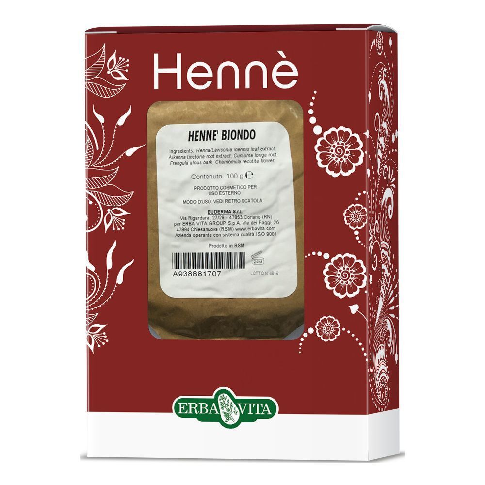 Henné Color Cap Biondo in confezione rossa. Visibili il prodotto e il marchio Erba Vita.