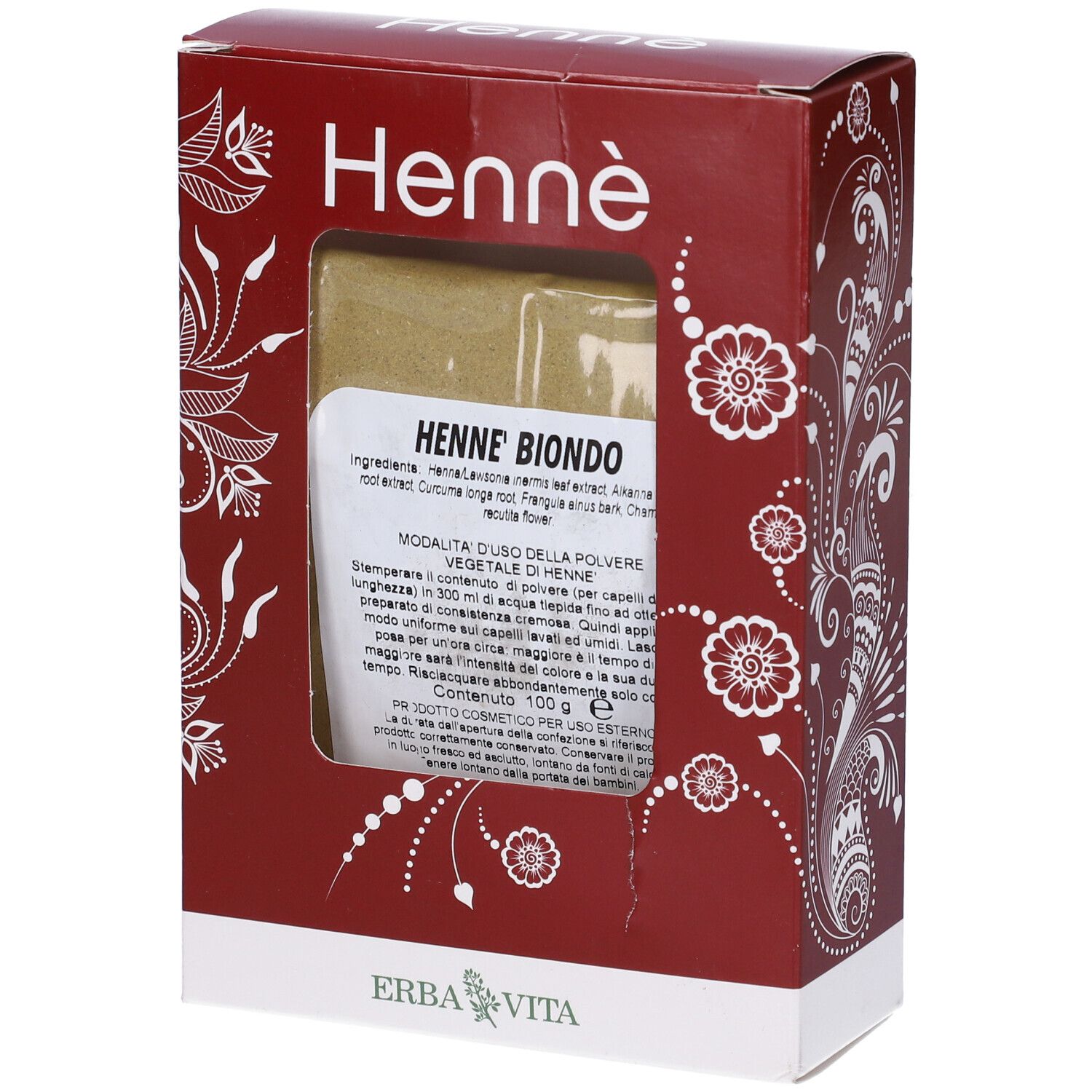 Henné Color Cap Biondo in confezione rossa con finestra. Prodotto e marchio Erba Vita visibili.