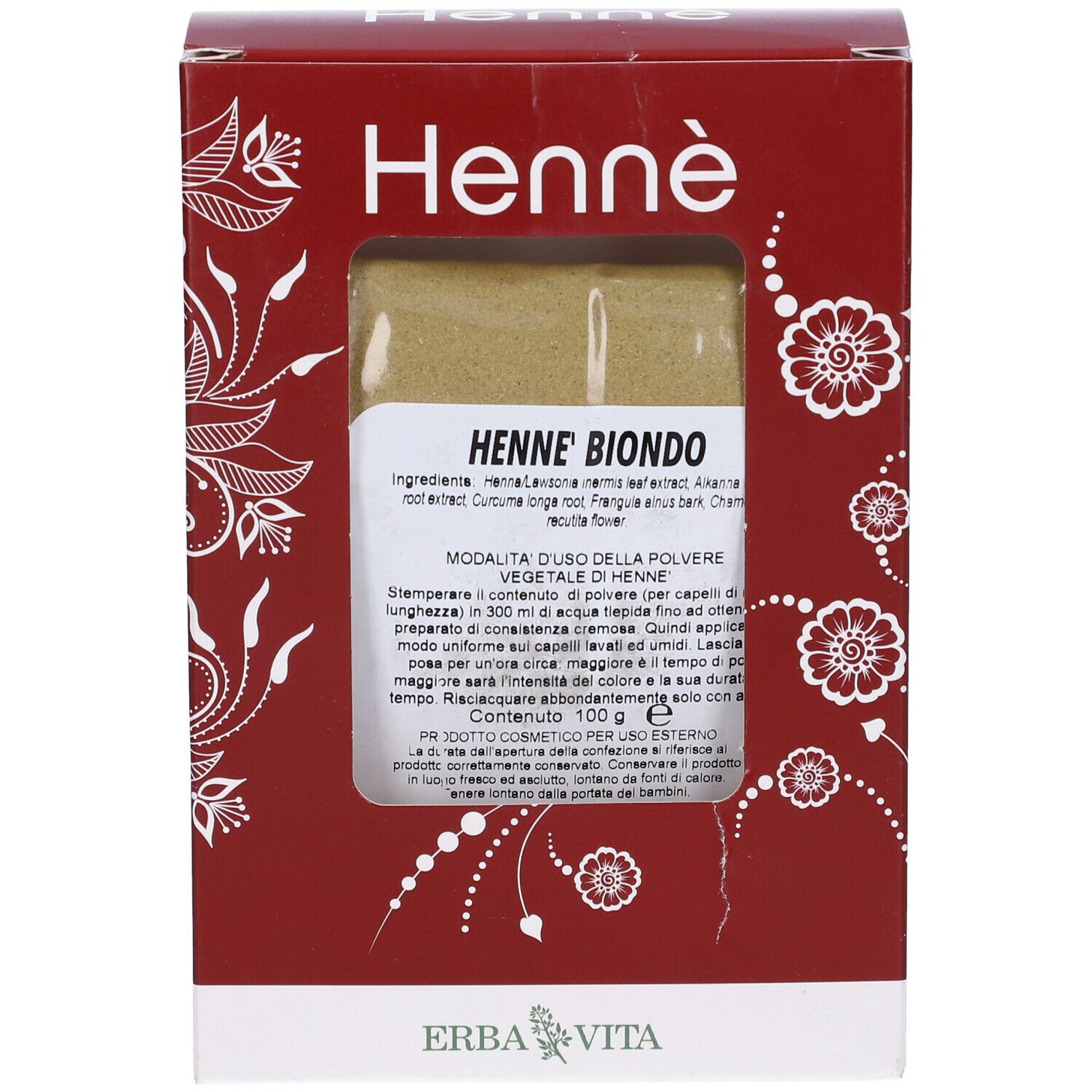 Henné Color Cap Biondo in confezione rossa con finestra. Prodotto e marchio Erba Vita visibili.