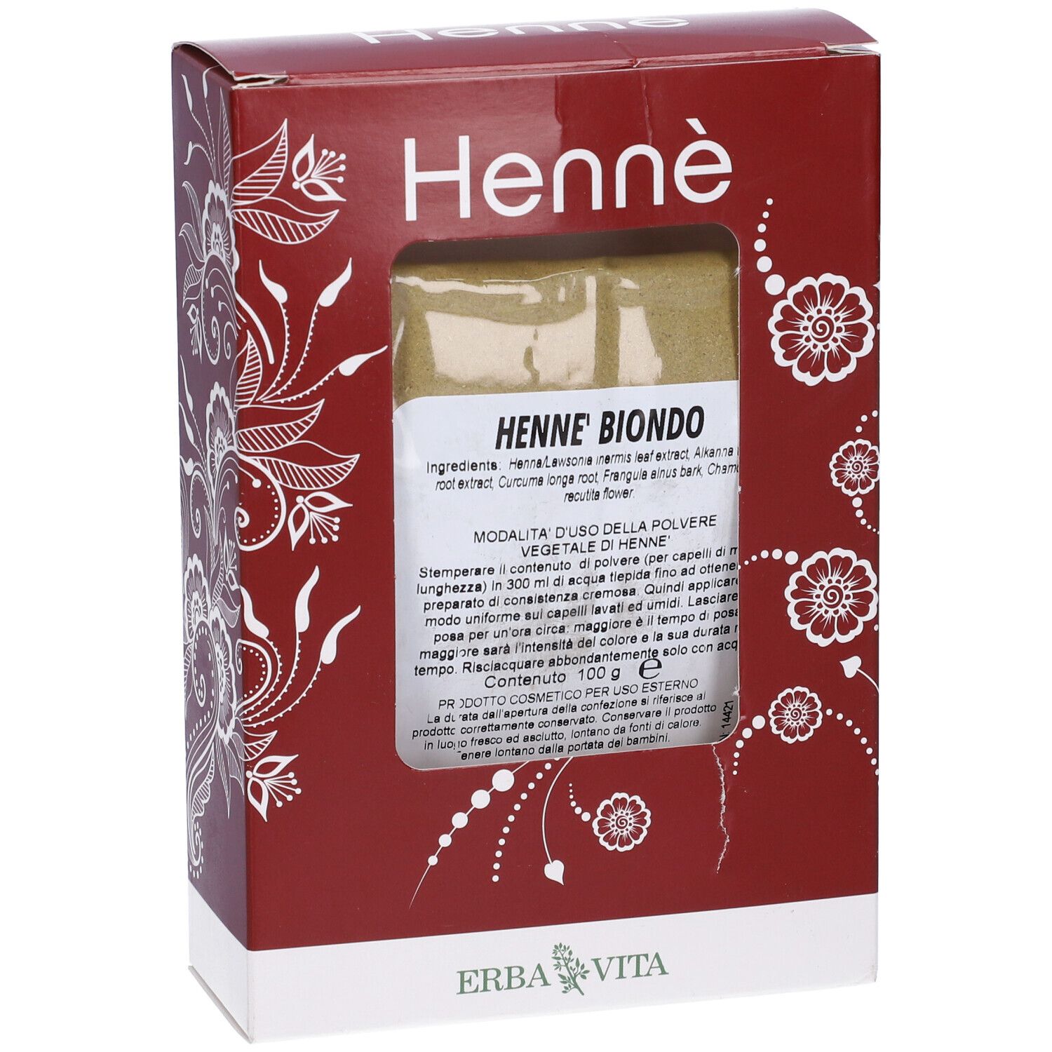 Henné Color Cap Biondo in confezione rossa con finestra. Prodotto e marchio Erba Vita visibili.