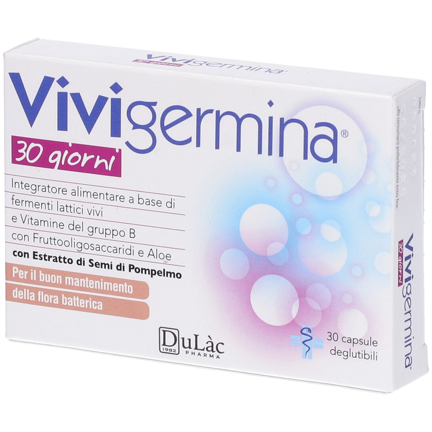 Scatola bianca con nome prodotto e "30 giorni". Elementi blu e rosa. Contiene 30 capsule.