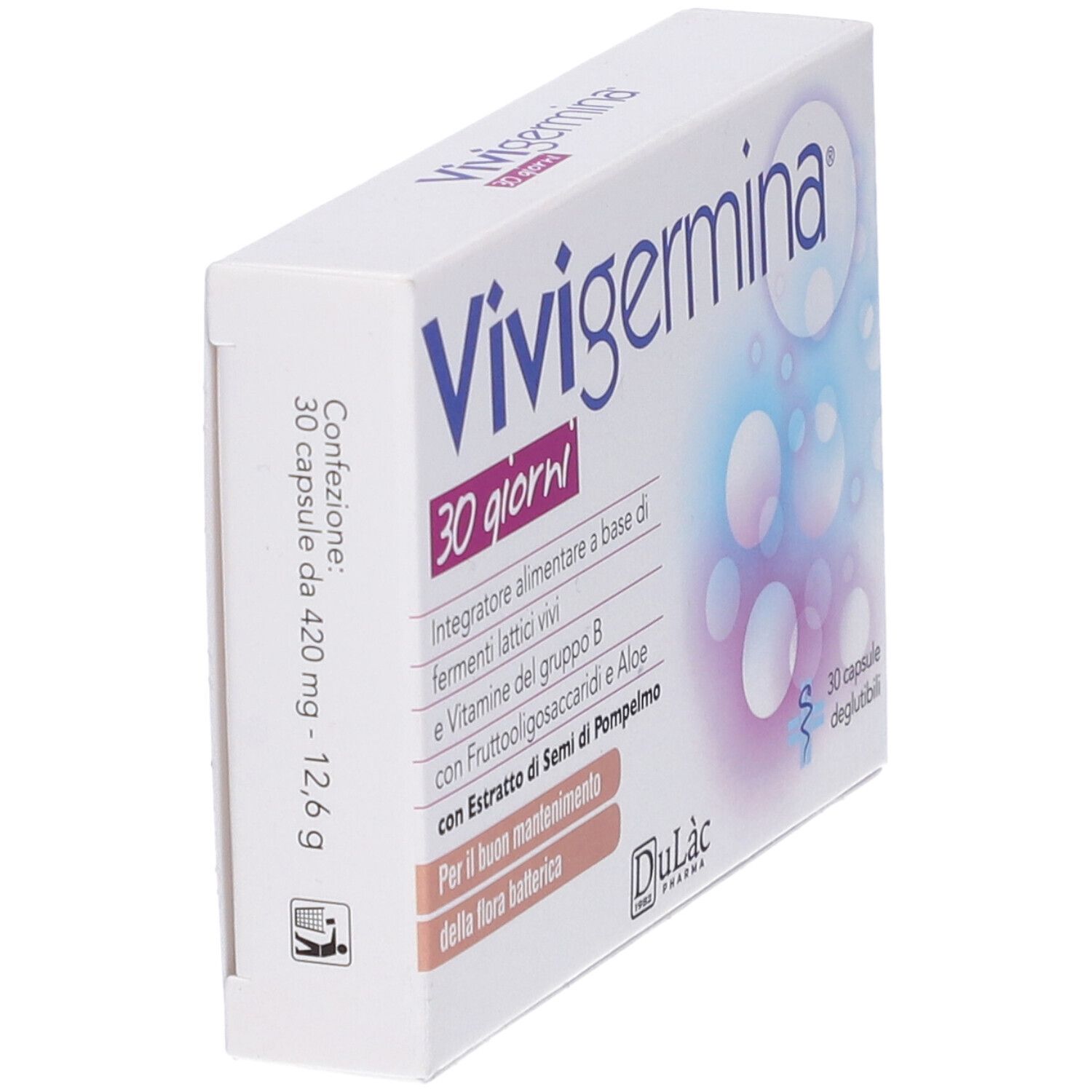Scatola bianca con nome prodotto e "30 giorni". Elementi blu e rosa. Contiene 30 capsule.