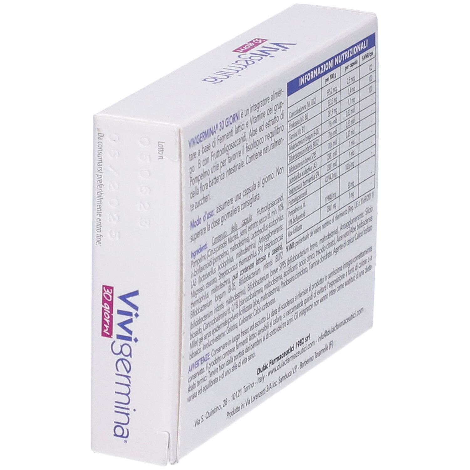 Scatola bianca, angolata. Nome prodotto e informazioni in italiano. Contiene 30 capsule. Informazioni nutrizionali sul retro.