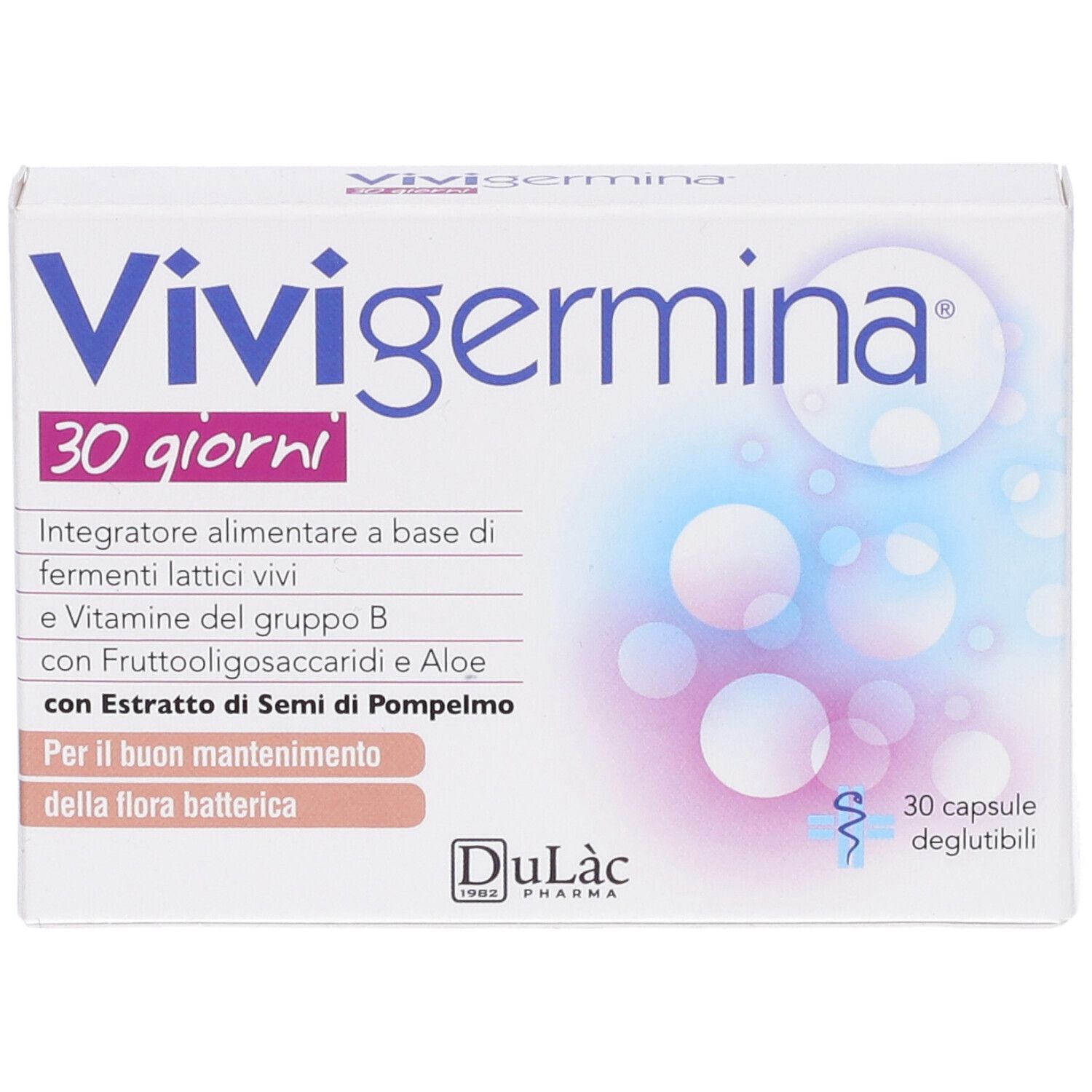 Scatola bianca con nome prodotto e "30 giorni". Elementi blu e rosa. Contiene 30 capsule.