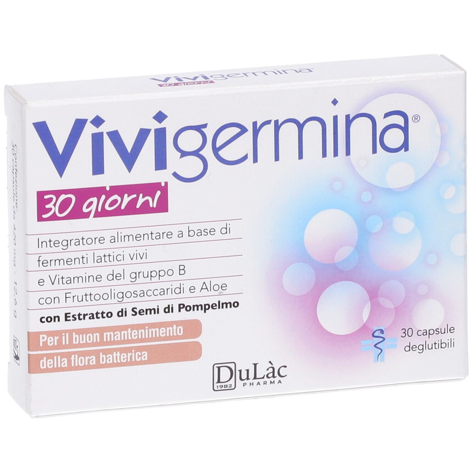 Scatola bianca con nome prodotto e "30 giorni". Elementi blu e rosa. Contiene 30 capsule.