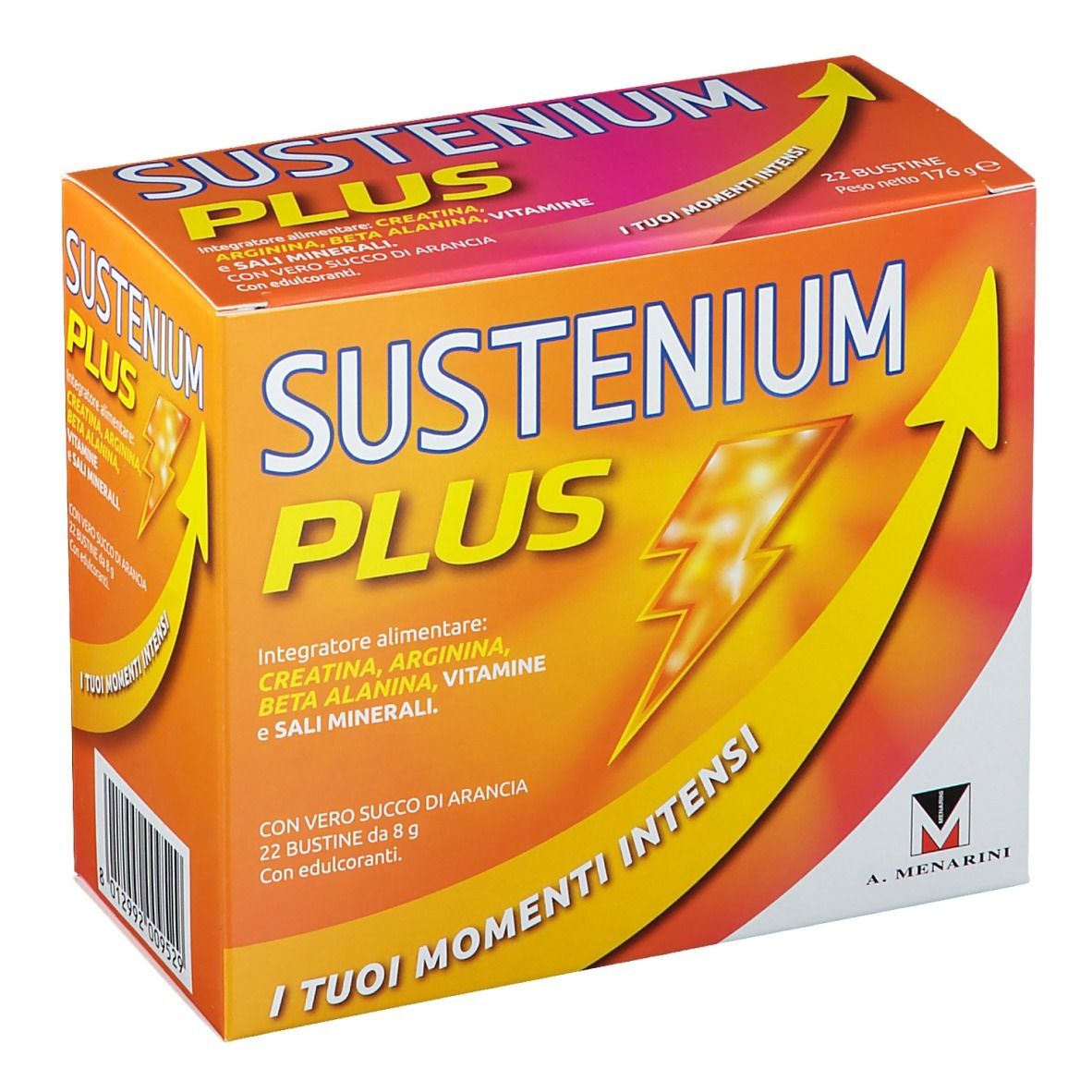 Confezione di Sustenium Plus. Scatola arancione con nome e ingredienti. 22 bustine.