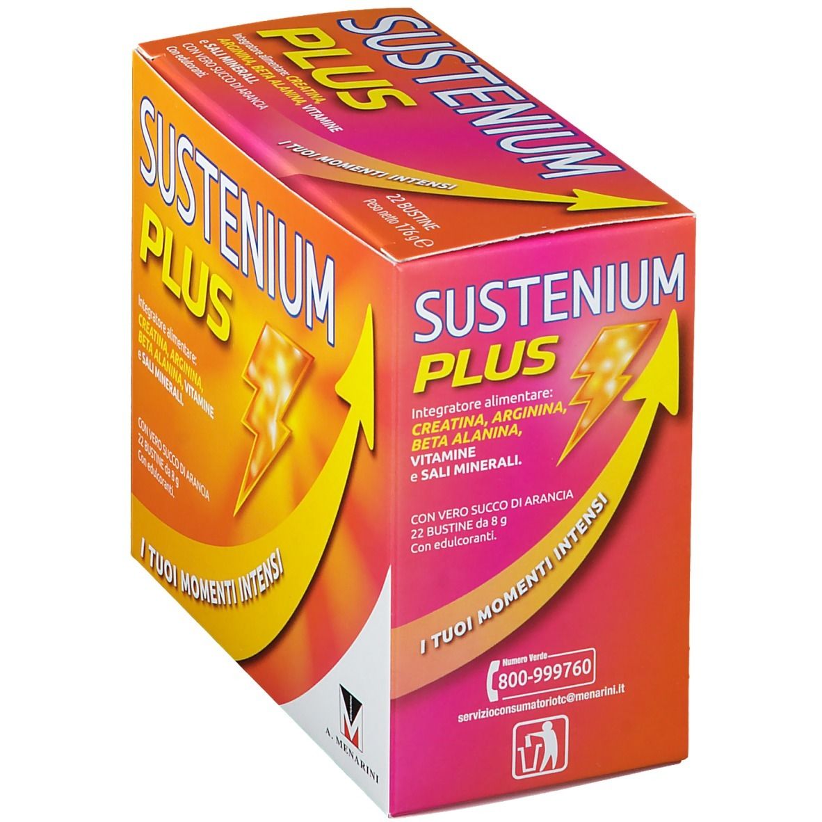 Confezione di Sustenium Plus. Scatola arancione con nome e ingredienti. 22 bustine.