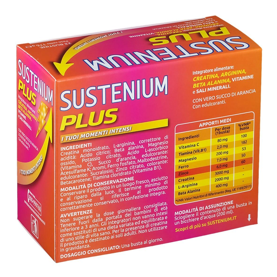 Confezione di Sustenium Plus. Retro con ingredienti e istruzioni per l'uso. Arancione.